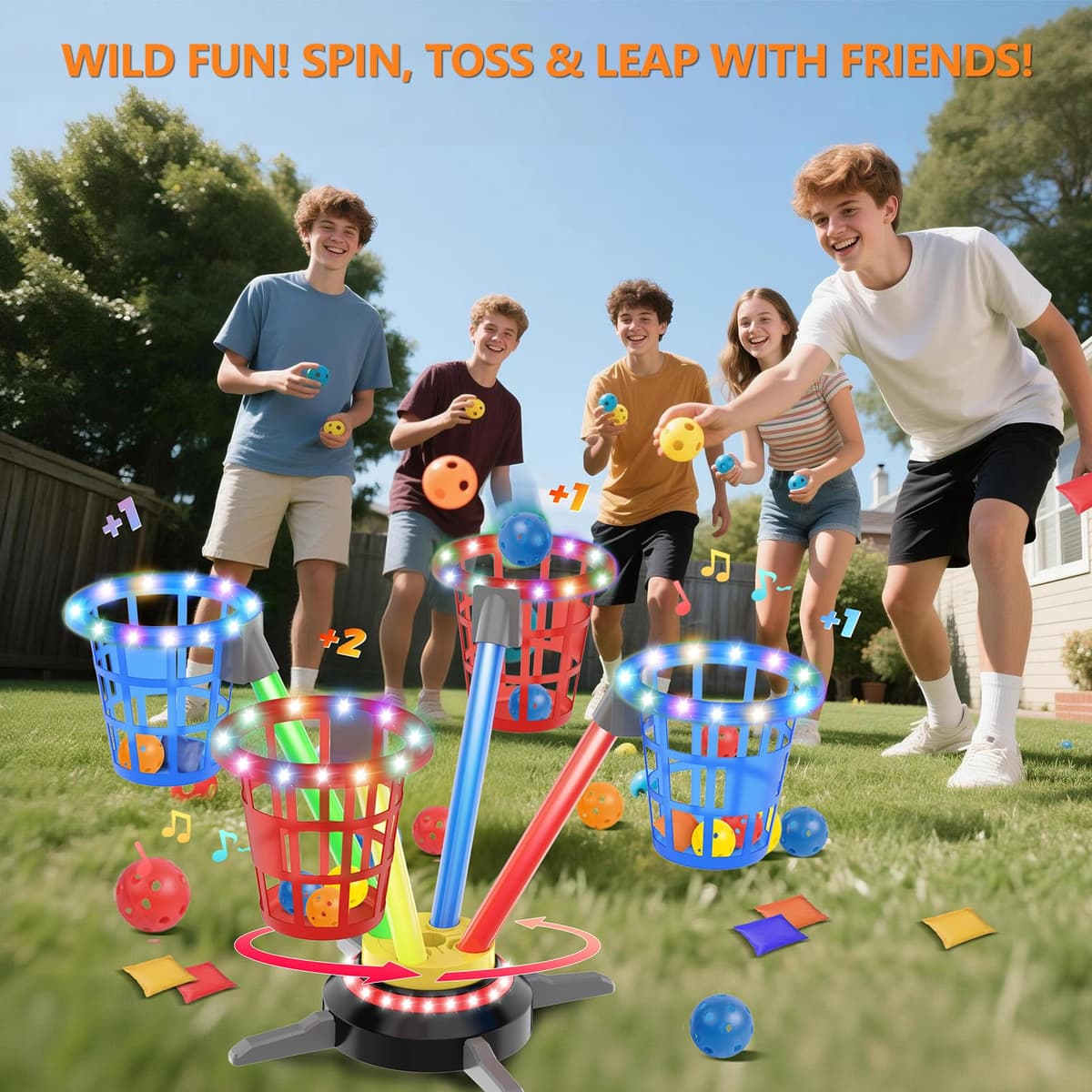 TERRAMUS 3 in 1 Bean Bag Ring Toss Game for Kids, Rechargeable Musical Jumping Games w/LED Light & Remote, Electric Spinning Base, Sandbags, Rings, Carnival Indoor Outdoor Sport Toy for 3+ Boys Girls — view 6