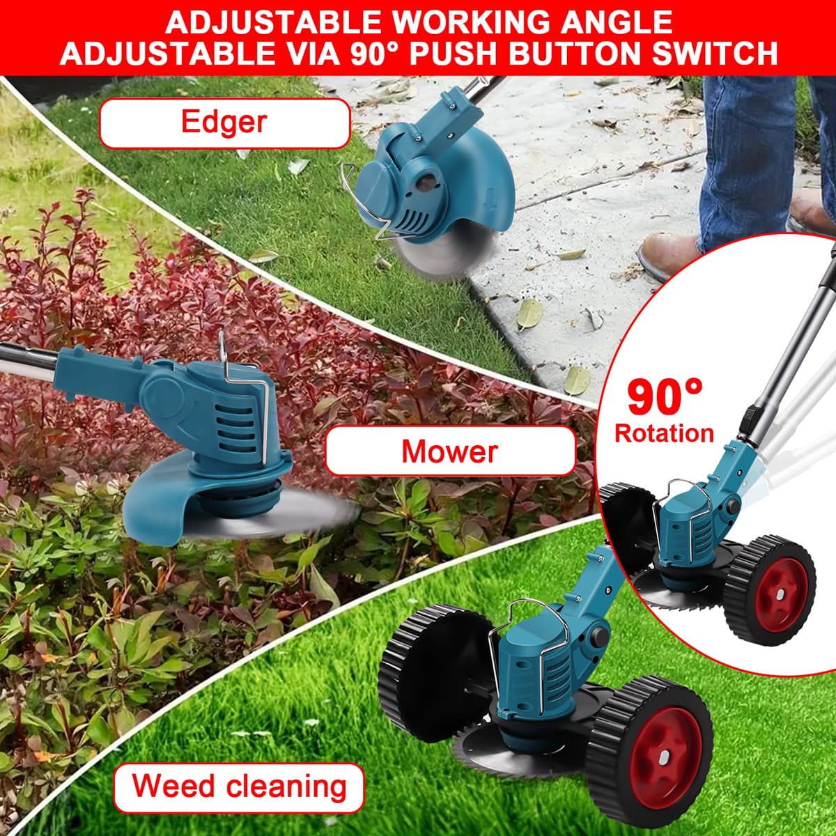 Cortadora de césped inalámbrica, cortadora de césped a batería con 2 baterías de 1500 mAh, desbrozadora eléctrica Ajustable, Recortadora de Bordes con Mango telescópico y Ruedas adicionales — view 3