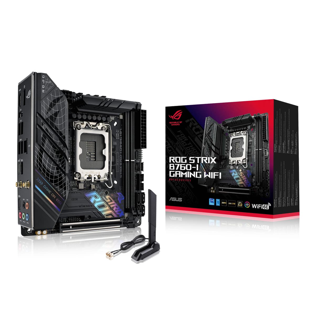 ASUS ROG Strix B760-I Gaming WiFi - Placa Base Intel B760 (LGA 1700 Mini ITX, 8+1 DrMOS, DDR5 hasta 7600 MT/s, PCIe 5.0, Dos Ranuras M.2, WiFi 6E, USB 3.2 Gen 2x2 Type-C y Aura Sync RGB), Negro