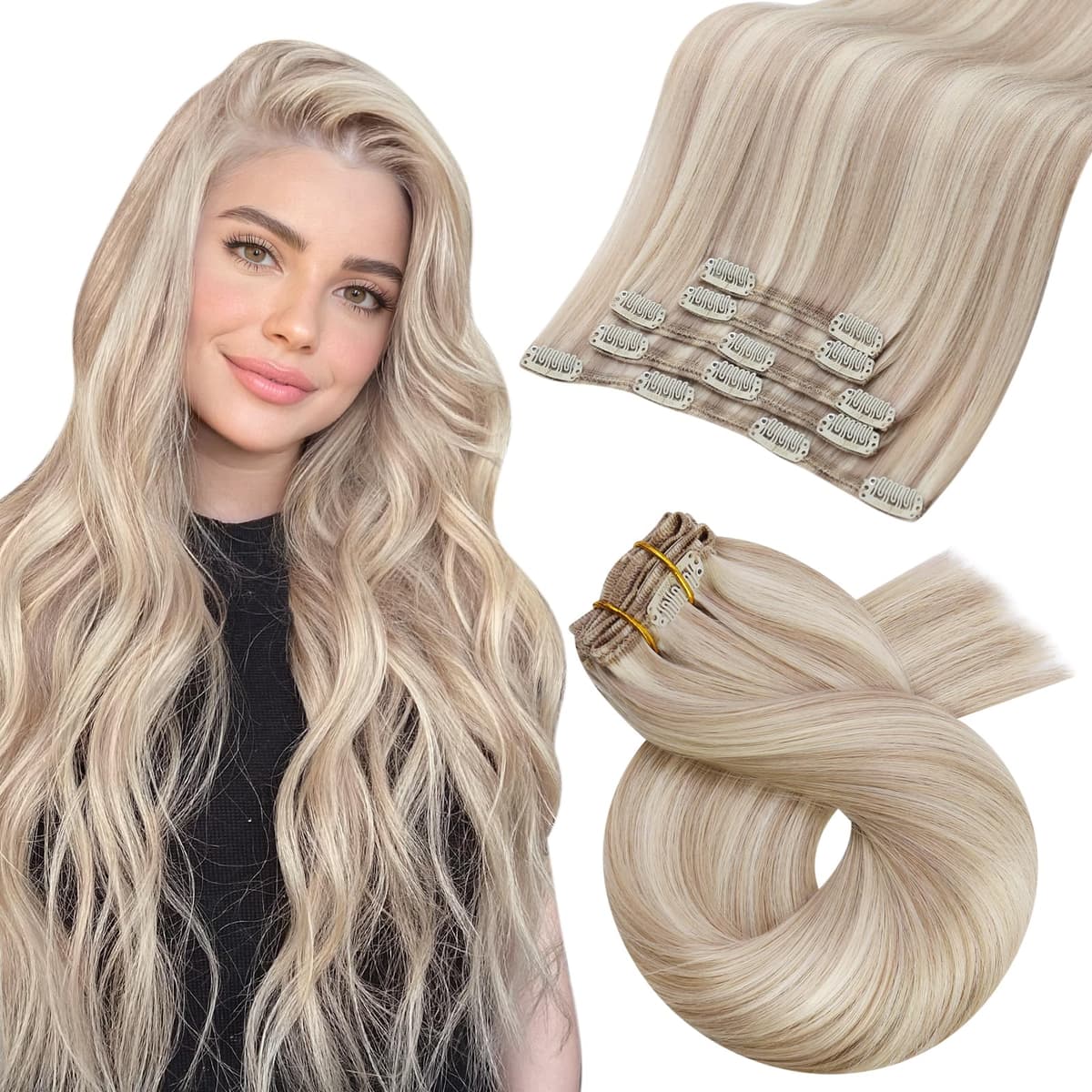Moresoo Clip in Hair Extensions Real Human Hair 18 Inch Ash Blonde with Bleached Blonde Invisible Double Wefted Clip in Hair Extensions Highlights for Women Daily Use 5pcs/80G #18/613