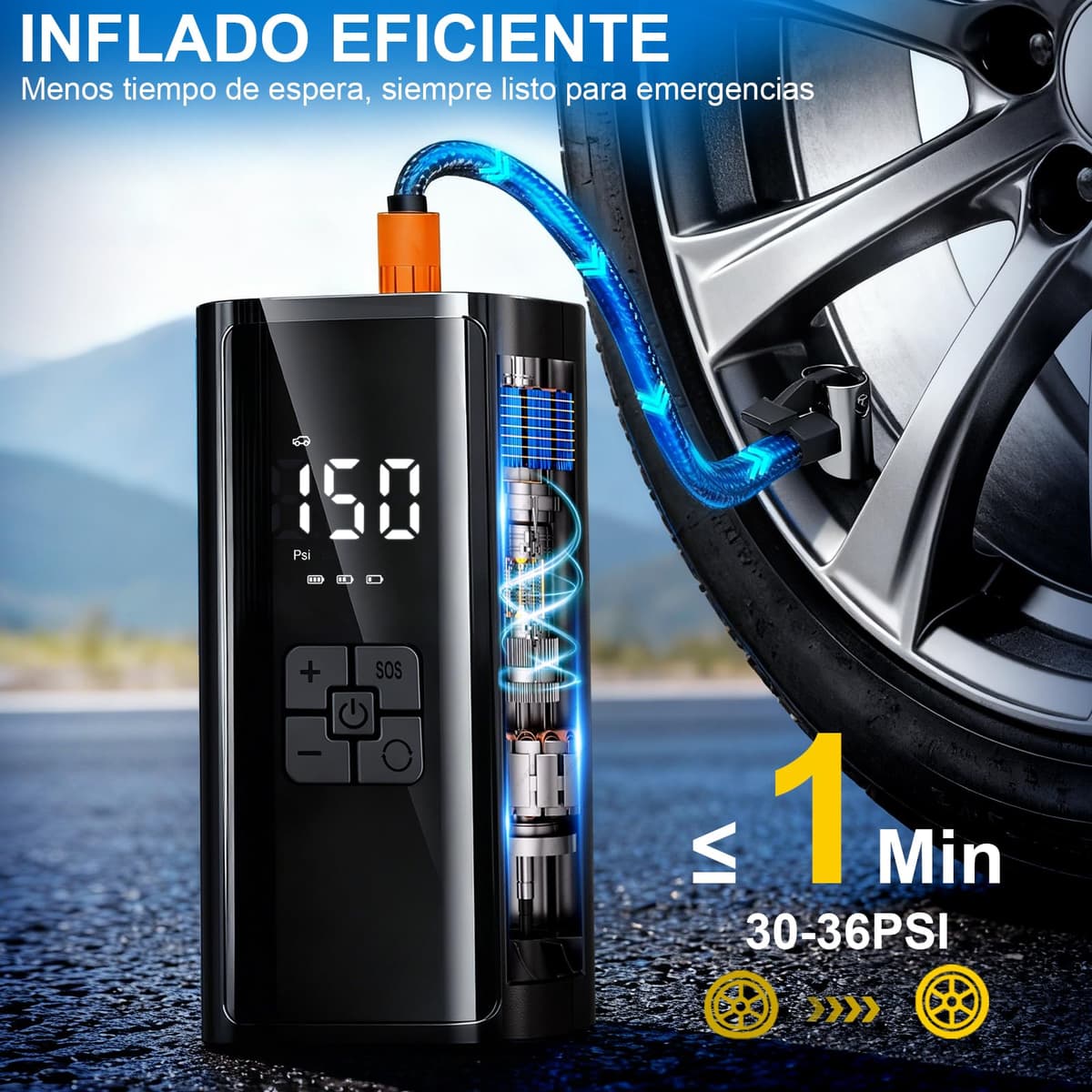 Compresor Aire Portátil, Inflador Ruedas Coche, 150PSI 12V 6000mAh Mini Compresor de Aire con Luz LED, Hinchador Ruedas Coche para Bicicleta, Coche, Moto, Vcooter, Balones — view 2
