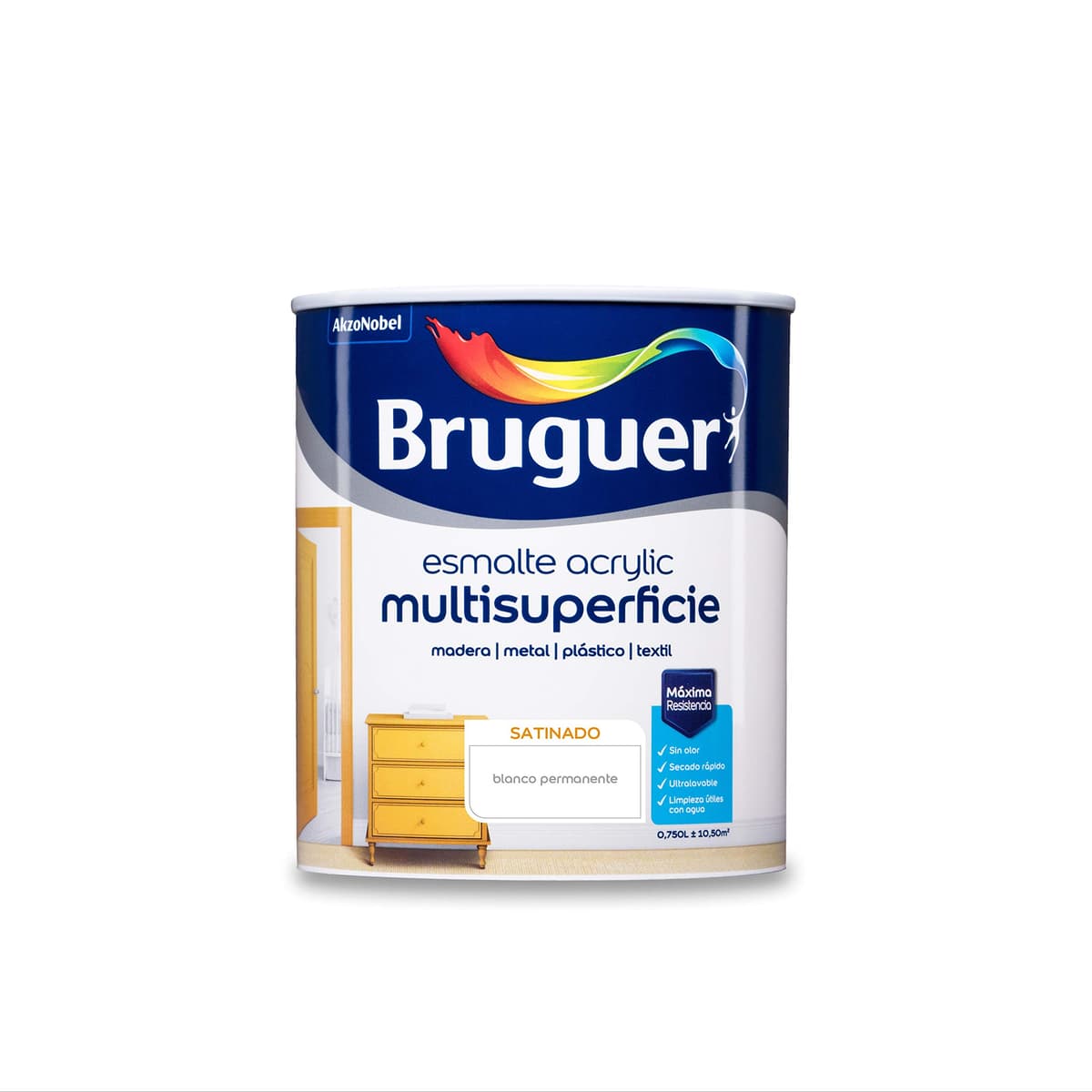 Bruguer Acrylic Multisuperficie Esmalte al agua Satinado - Pintura 750 mL, Blanco Permanente