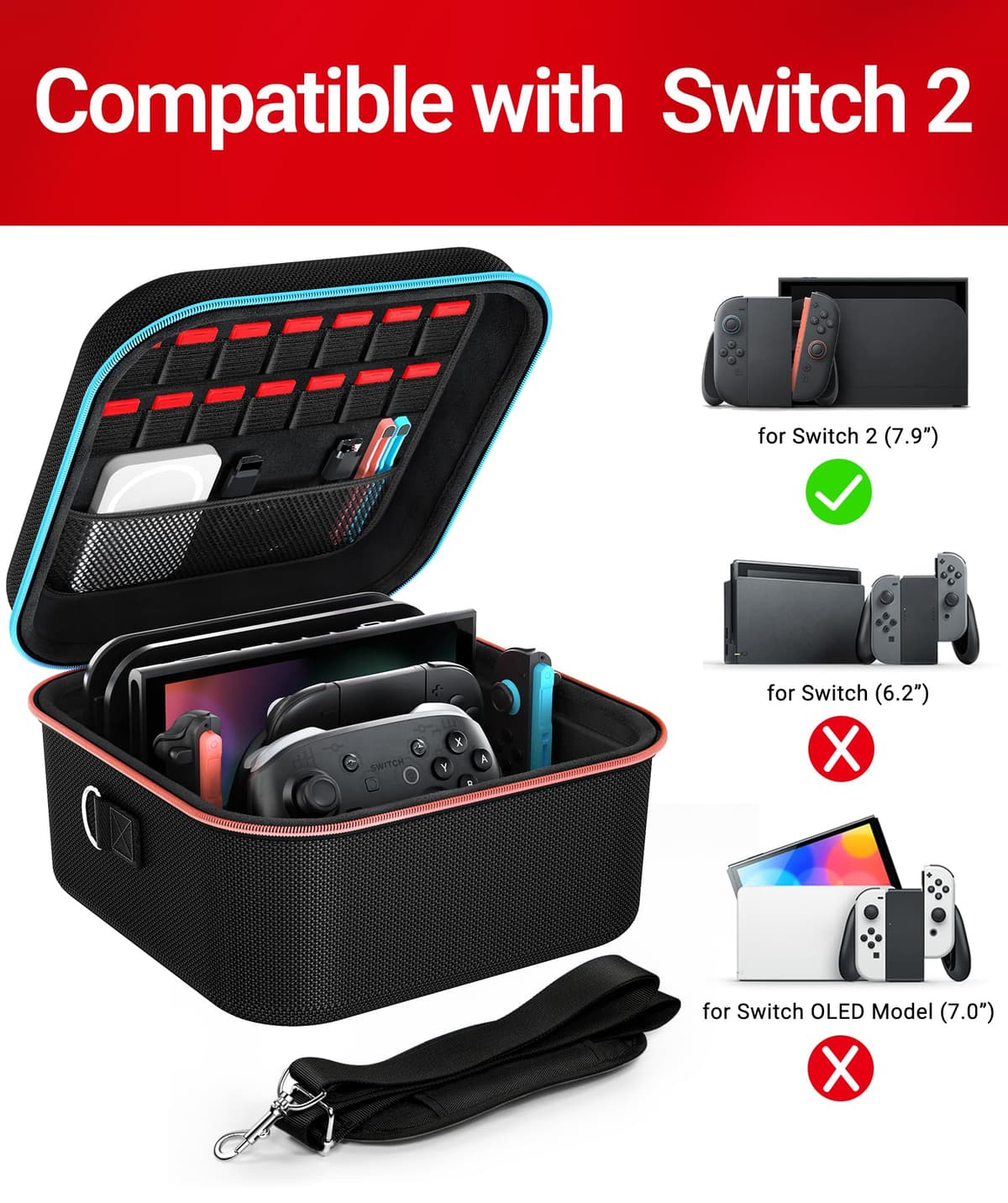 ivoler Funda de Transporte Compacto para Nintendo Switch 2 (2025), Estuche Rígida con Protector de Pantalla y Agarre para el Pulgar, Capacidad para 14 Cartuchos de Juego e Incluye Correa, Negro — view 6