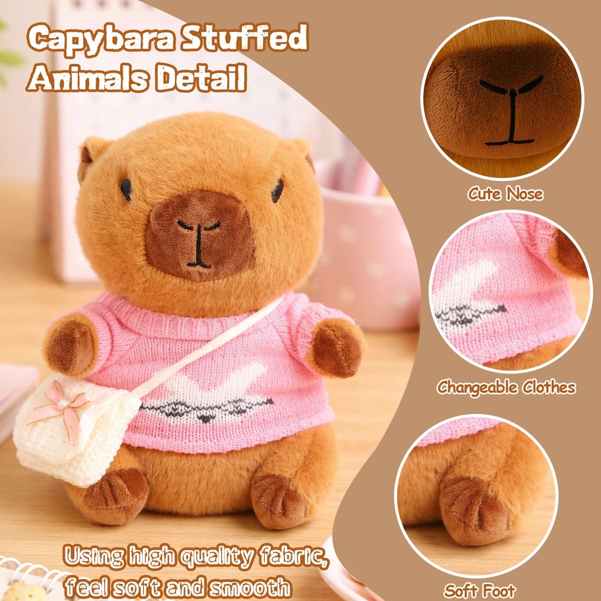 10.2" Brown Capybara Plush Toy with 9 Clothes and Accessories Super Soft Capybara Stuffed Animal for Kids Girls Boys (Pink Capybara) — view 5