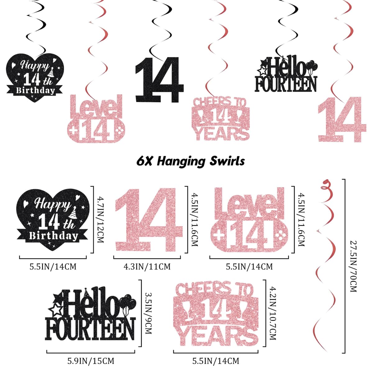14th Birthday Decorations for Boys Girls - Black Rose Gold Glitter Happy 14th Birthday Letter Banner and Pennant Flags, Number 14 Foil Balloons and Hanging Swirls for 14 Years Old Children Party — view 3