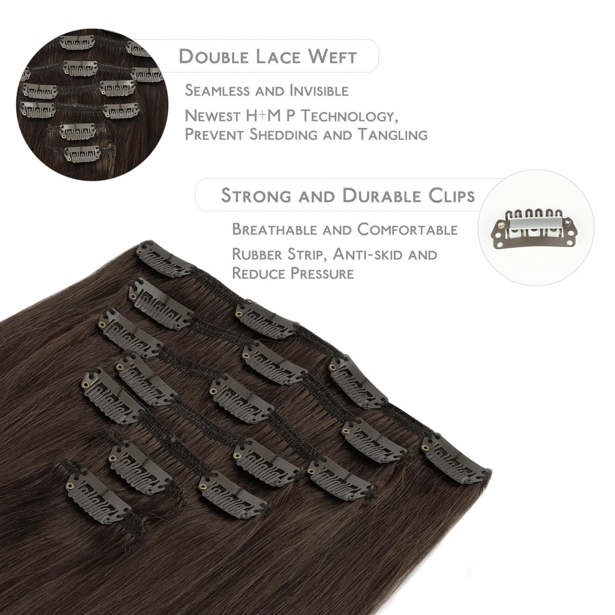 WENNALIFE Extensiones Clip Pelo Natural, 35cm 120g 7 Piezas, Castaño Chocolate Extensiones de Clip Natural Extensiones Pelo Remy Extensiones Cabello Postizos Mujer — view 3