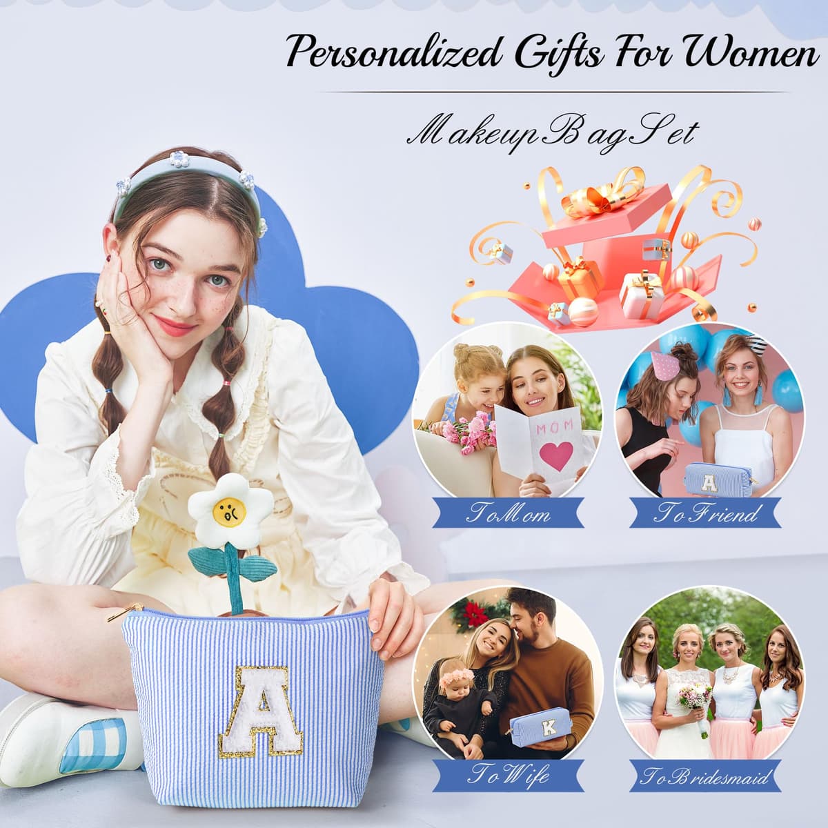 Parima Personalised Gifts for Girls Women - Personalised Make up Bag Initial Make up Bags A Preppy Stuff Birthday Gifts for Women Gift for Girl Womens Girlfriend Teenage Girls Gift Makeup Bag — view 3