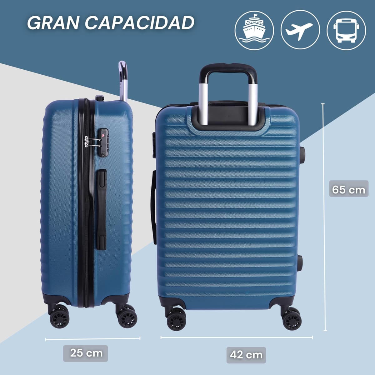DON ALGODON Medium Suitcase 23 kg | Rigid Travel Suitcase with 4 Double Wheels 360º, TSA Lock and Telescopic Handle | Waterproof Luggage for Airplane Travel, blue, Classic — view 2