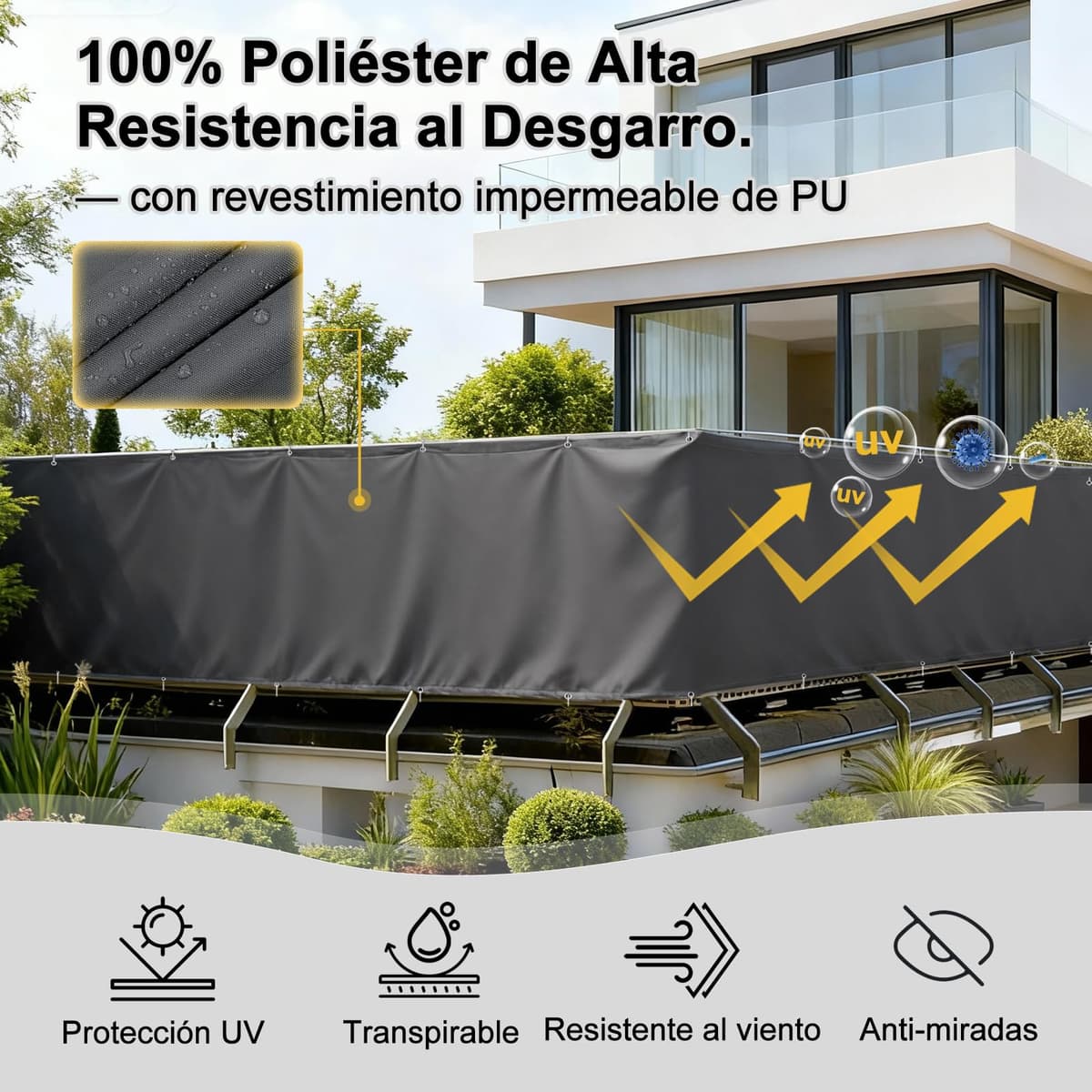 LOVE STORY Pantalla Privacidad Balcón Impermeable 90x300cm, Ocultacion Balcon PES Protección UV y Resistente al Viento para Terraza Exterior, con Ataduras de Cable, Antracita — view 2