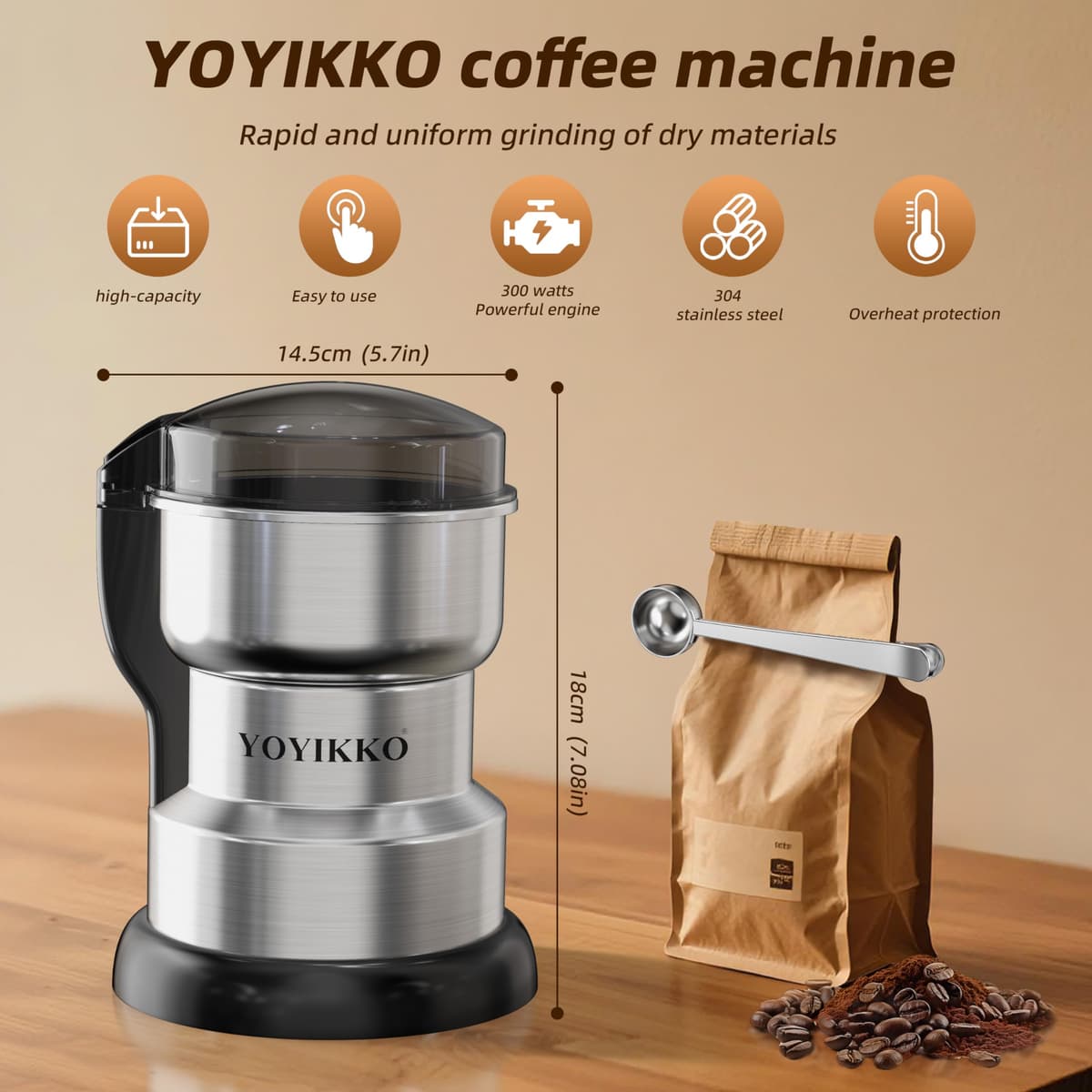 Electric Coffee Grinder 300W, Adjustable Grind, Espresso/Drip/Pour. Coffee Grinder for Coffee, Spices, and Other Foods (T-302) — view 2
