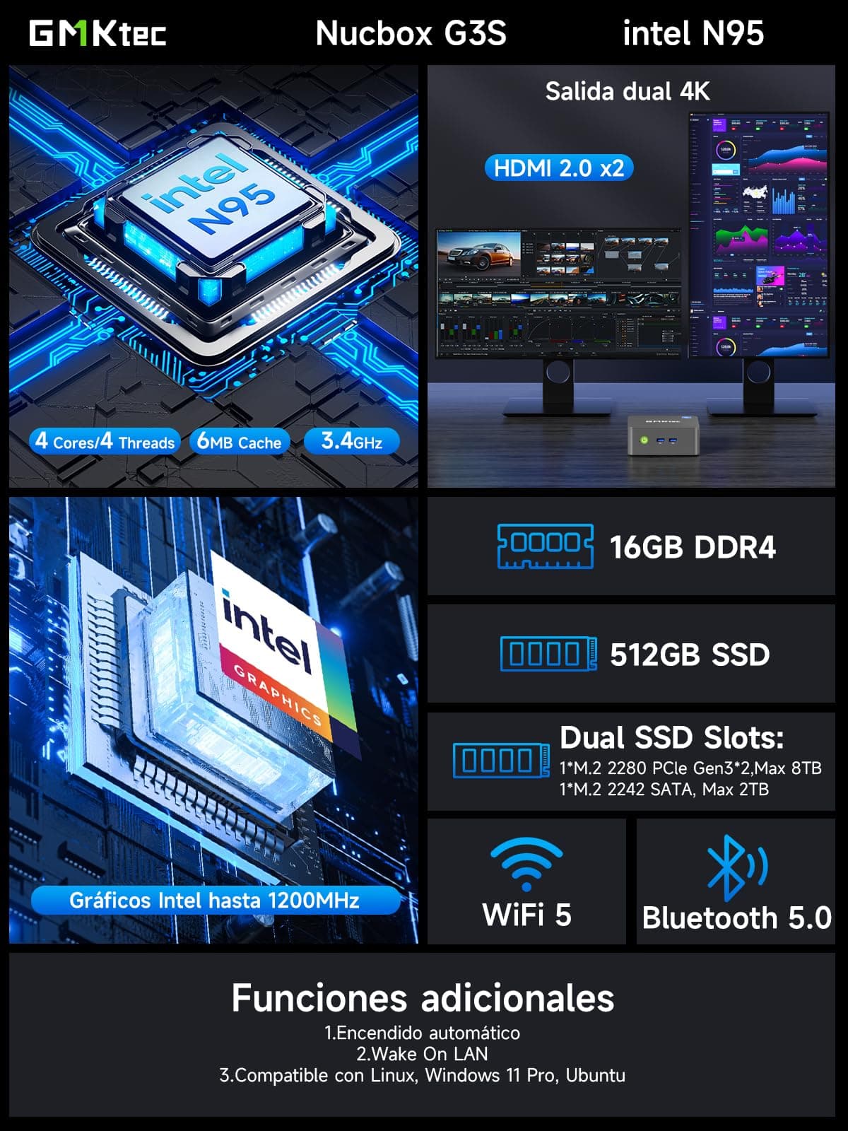 GMKtec Mini-PC N95 (Turbo 3,4 GHz) 8 GB DDR4 256 GB SSD Computadora de Escritorio 4K Doble HDMI Pantalla/3x USB 3.2/WiFi 5 BT5.0/RJ45 Ethernet Nucbox G3S — view 5