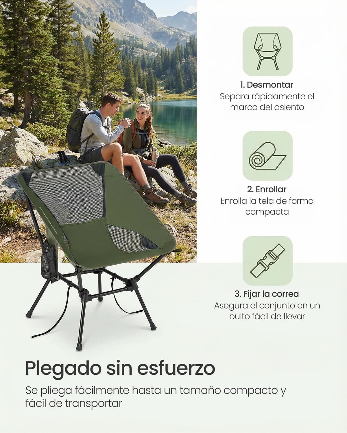 SONGMICS Silla de Camping con Respaldo Bajo, Juego de 2, Silla de Exterior Plegable de Altura Ajustable, Marco de Acero, Carga de 150 kg, con 2 Bolsillos, para Viajes, Verde GCB052CZ01 — view 4