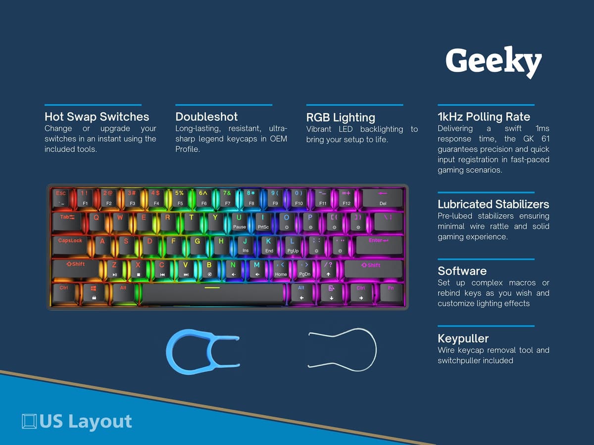 Geeky GK61 60% | Hot Swappable Mechanical Gaming Keyboard | 61 Keys Multi Color RGB LED Backlit for PC/Mac Gamer | ANSI US American Layout (Black, Mechanical Brown) — view 2