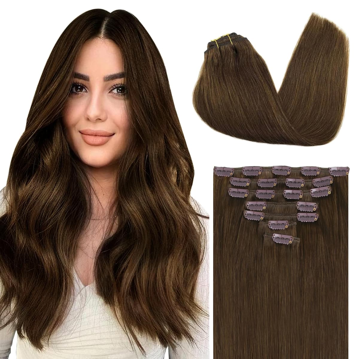 GOO GOO Clip in Hair Extensions Human Hair, 18inch 150g 9Pcs, #2 Dark Brown, Hair extensions for women, Human Hair Extensions Clip in — view 317