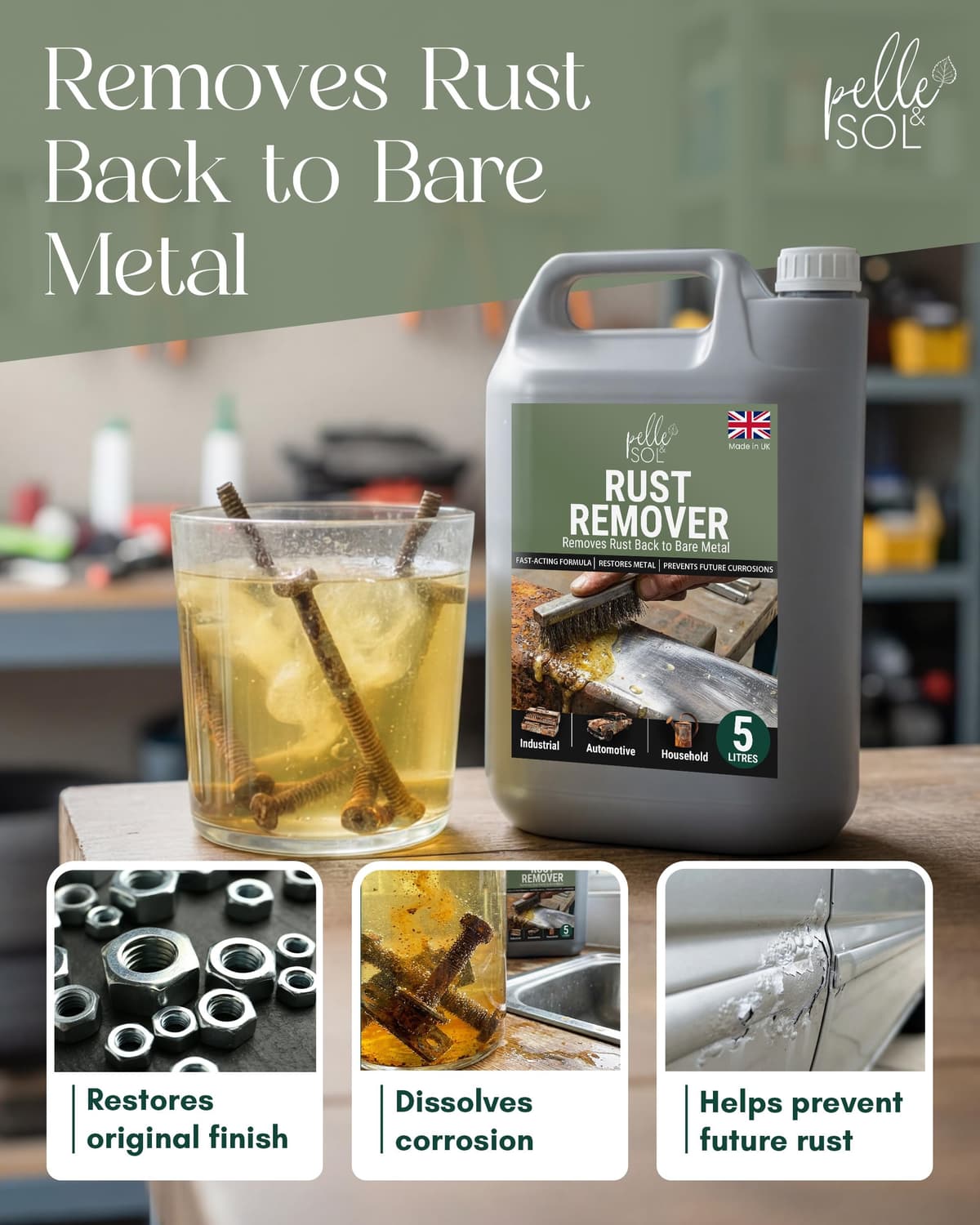 Pelle & Sol Rust Remover Solution Ready to Use – Heavy Duty Rust Remover for Metal, Iron, Steel, Aluminium & Chrome – Water Soluble Rust Treatment for Indoor & Outdoor Use — view 2