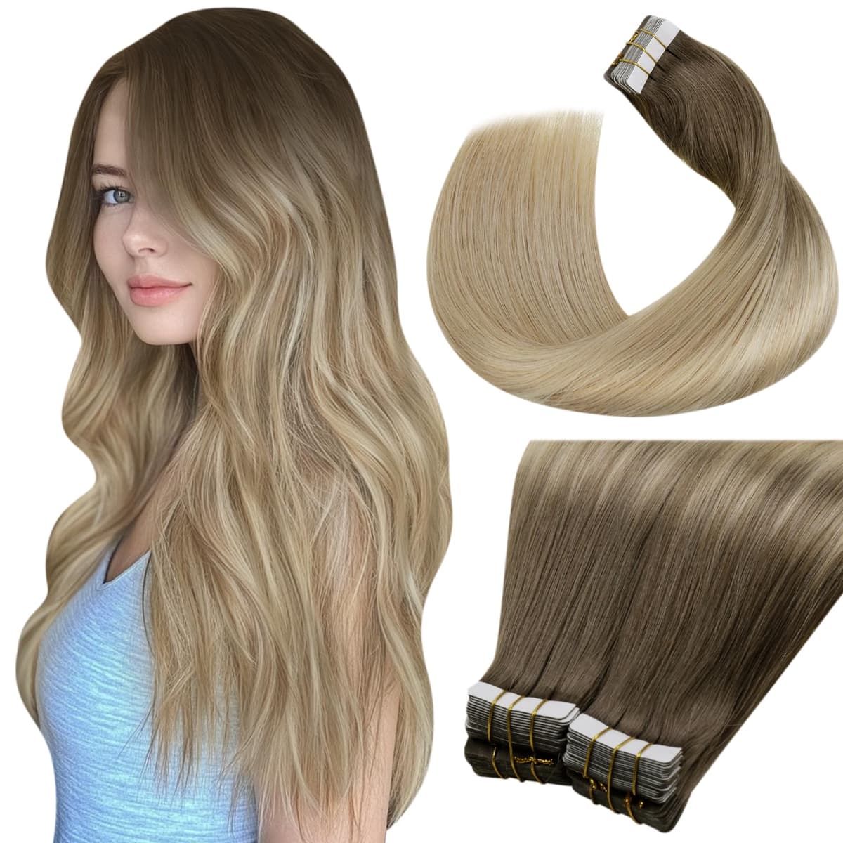 LaaVoo Tape in Hair Extensions Human Hair Blonde Tape Hair Extensions Real Human Hair Invisible Tapes Remy Straight Balayage Brown to Blonde Hair Double Sided Tabs 20pcs 50g 16 Inch #8/18/60 — view 54