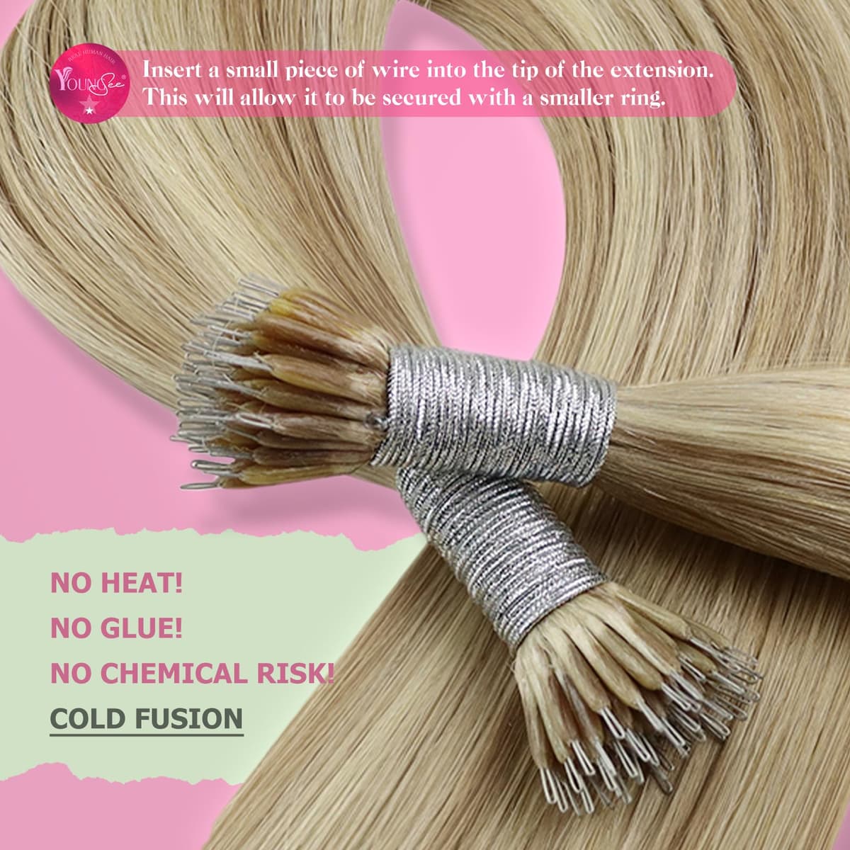 YoungSee Nano Hair Extensions Blonde 16inch Nano Beads Hair Extensions Warm Ash Blonde Highlight Bleach Blonde Nano Ring Hair Extension Highlight for School Soft Cold Fusion 50s 50g — view 4