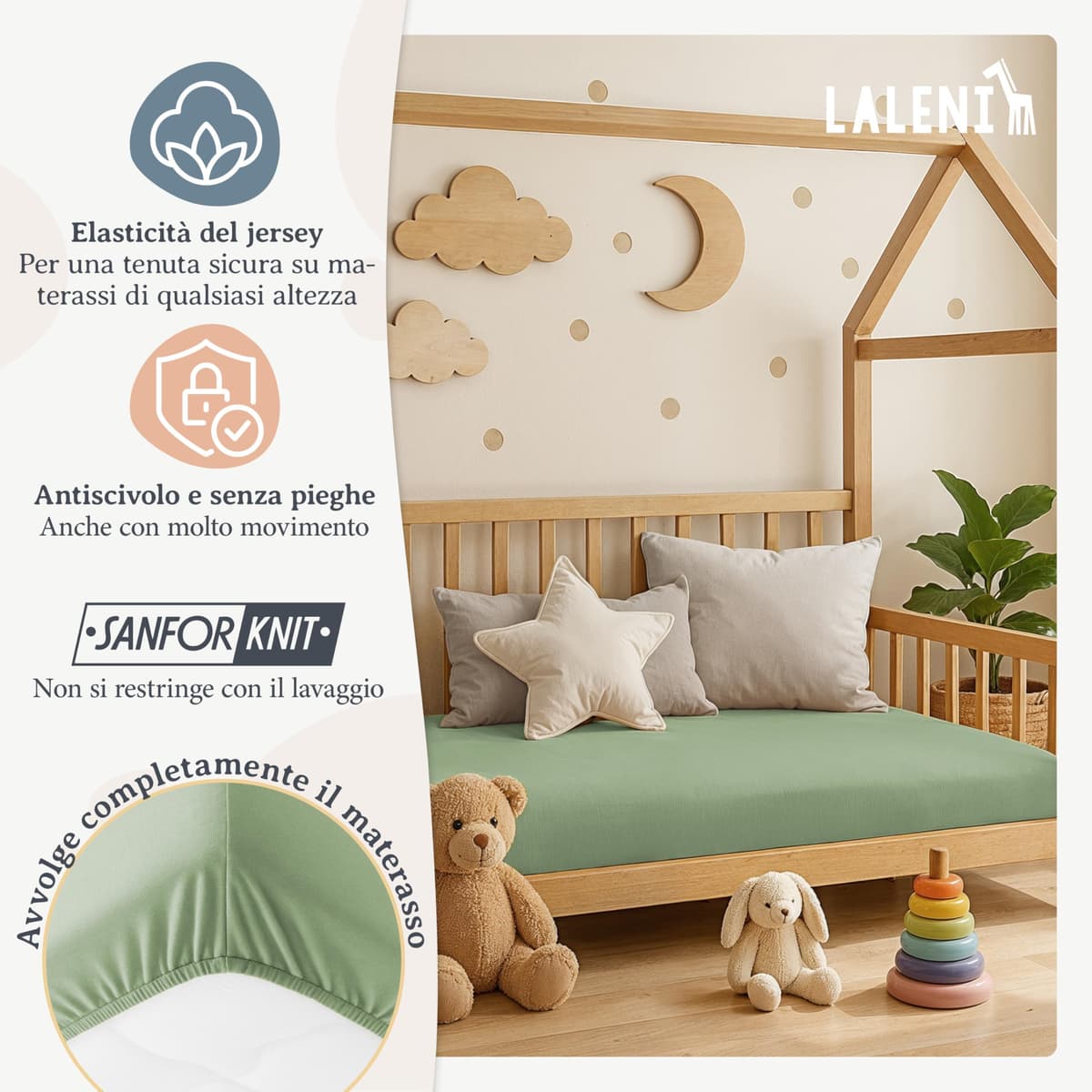 Laleni Cot Bed Sheets 140 x 70 cm, Oeko-Tex Certified Soft 135 g/m² Cotton Travel Cot Sheets, Summer Green — view 4