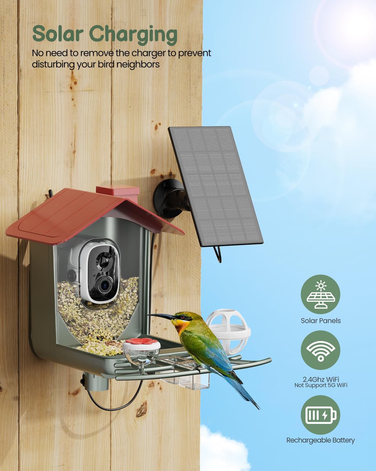 Comedero para pájaros con cámara solar al aire libre: cámara inteligente para jardín exterior, cámara de video en vivo HD 2K, reconocimiento de IA, ventana visible, captura automática, regalos para — view 5