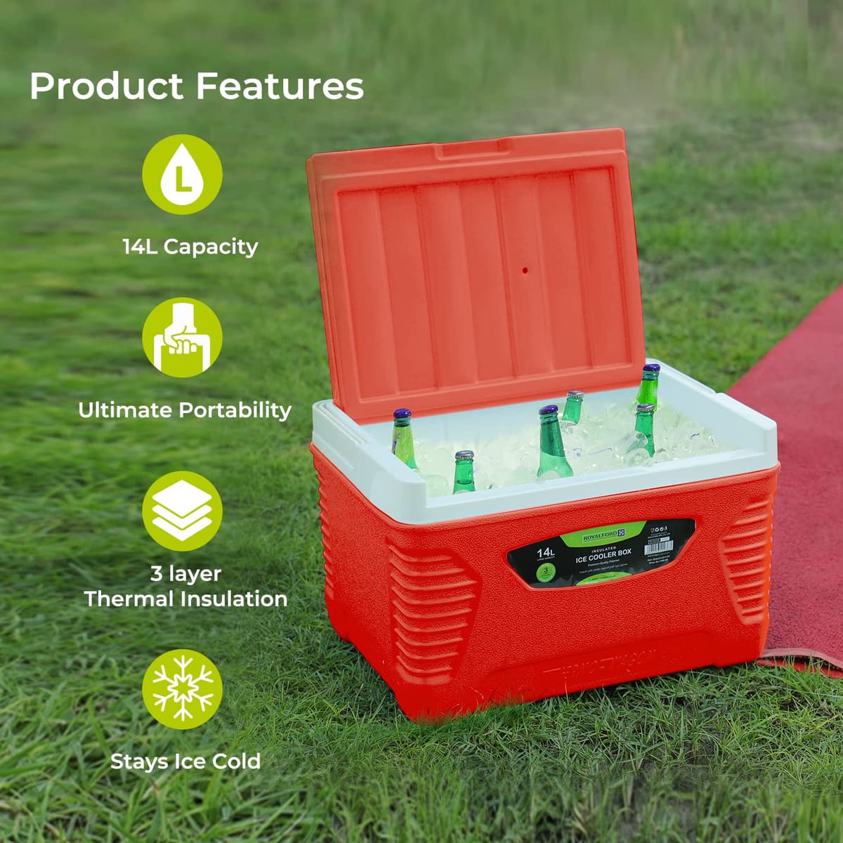 Royalford Insulated Cooler Box - Hot/Cold Freezer Box with Integrated Lock Lid and Carry Handle - Ideal for Beach and Picnic — view 2