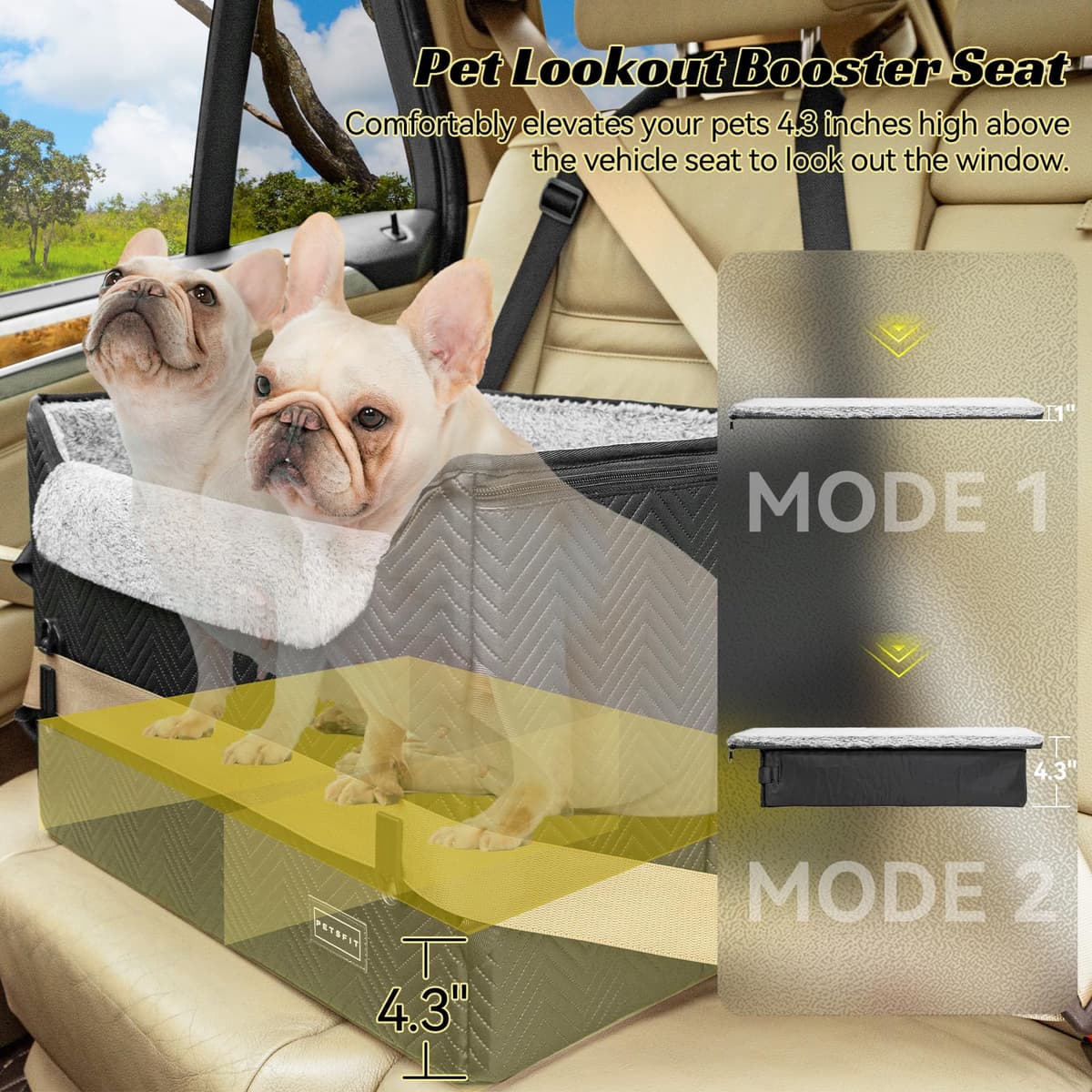 PETSFIT Dog Car Booster Seat Medium Dog Car Seat with 2 Clip-On Safety Leashes, Patented Buckles, Dog Booster Seat for Pets (Black Leather, M) — view 3