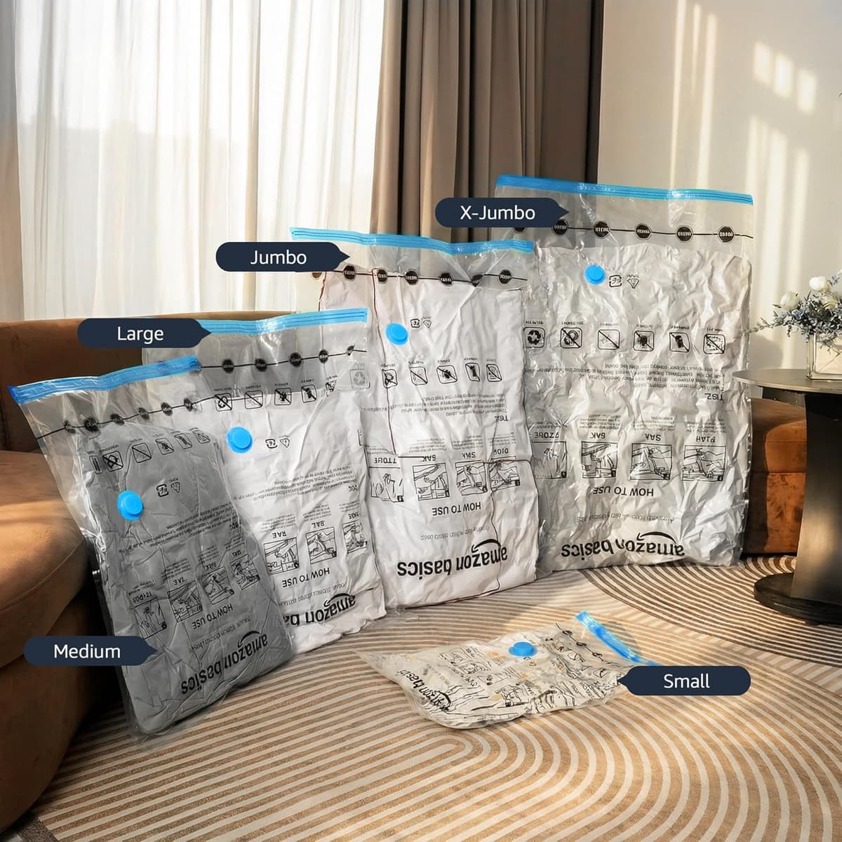 Amazon Basics Vacuum Compression Zipper Storage Bags with Airtight Valve and Hand Pump, Large, 5-Pack, Clear — view 6
