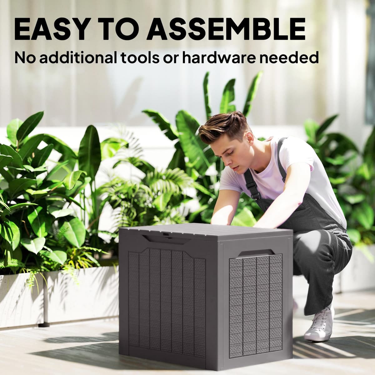 Outsunny 93L Plastic Garden Storage Box, Outdoor Storage Box with Handles, Waterproof Outdoor Storage Container for Garden Tools and Accessories, Brown — view 3