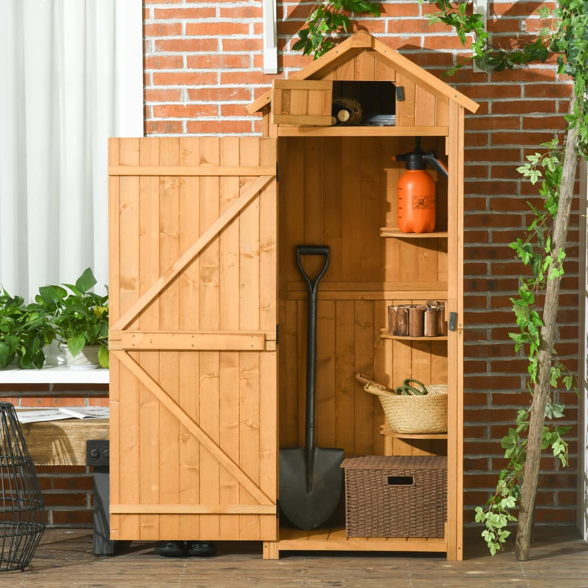 Outsunny Armario de Jardín de Madera 77x54,2x179 cm 0,3 m² Cobertizo para Almacenaje de Herramientas con 3 Estantes y 2 Puertas con Cerrojo para Patio Terraza Natural y Verde — view 2