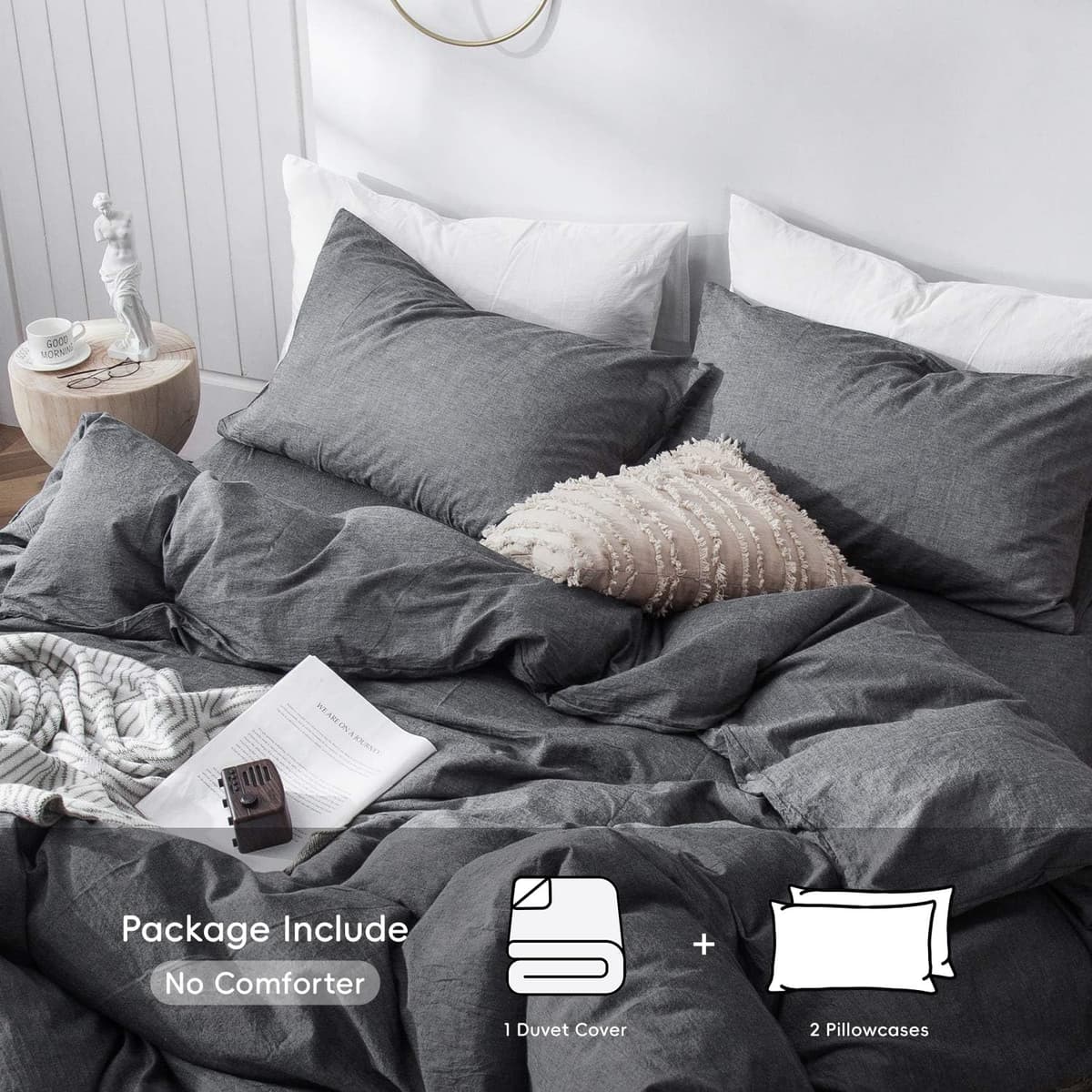 MooMee Bedding Duvet Cover Set 100% Washed Cotton Linen Like Textured Breathable Durable Soft Comfy (Tannish Linen Grey, King) — view 263