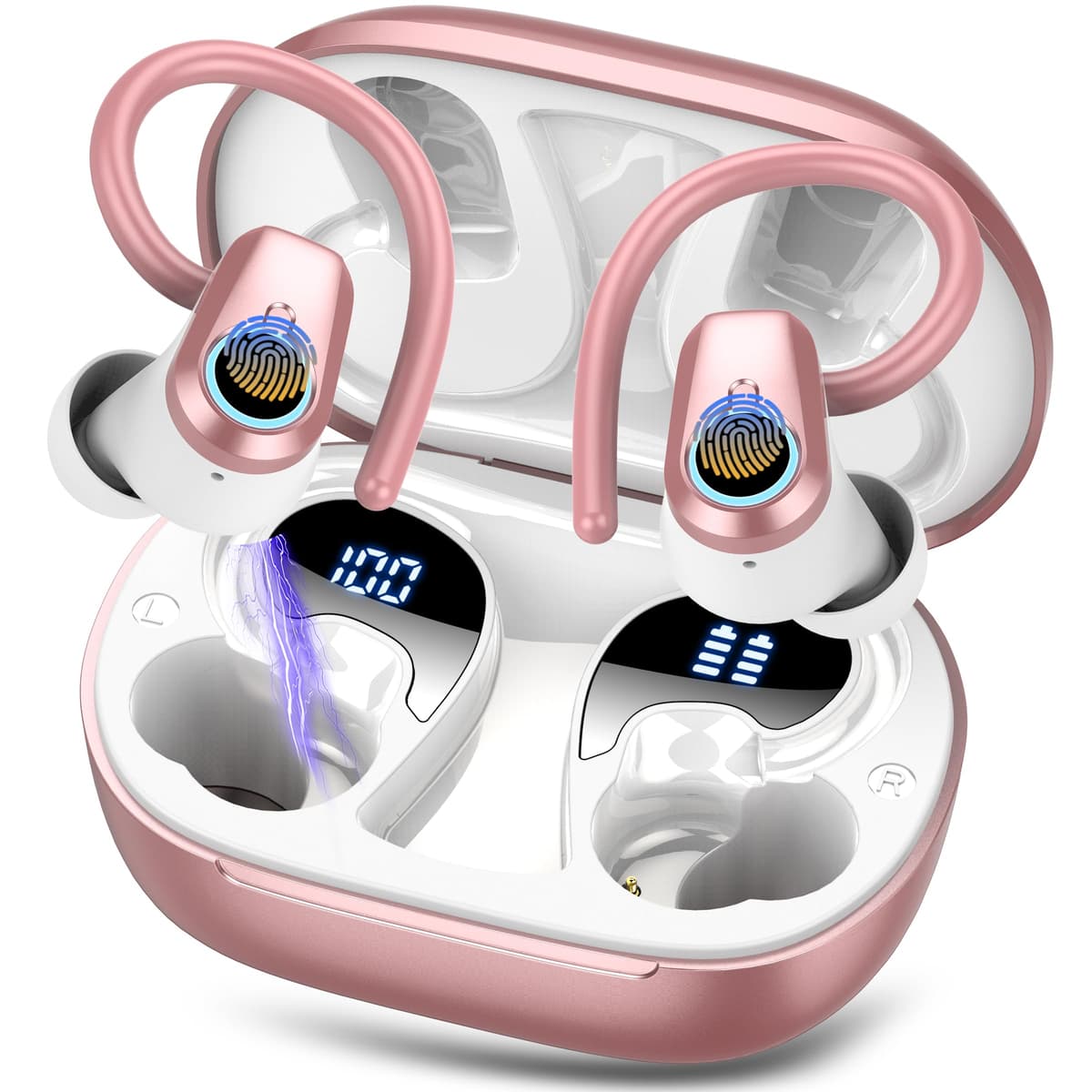 Wireless Earbuds, Bluetooth 5.3 Headphones with 4 ENC Noise Canceling Mic, 50H Stereo Dual LED Display Ear Buds, Sport Bluetooth Earphones with Earhooks, IP7 Waterproof Wireless Headphones for Running — view 9