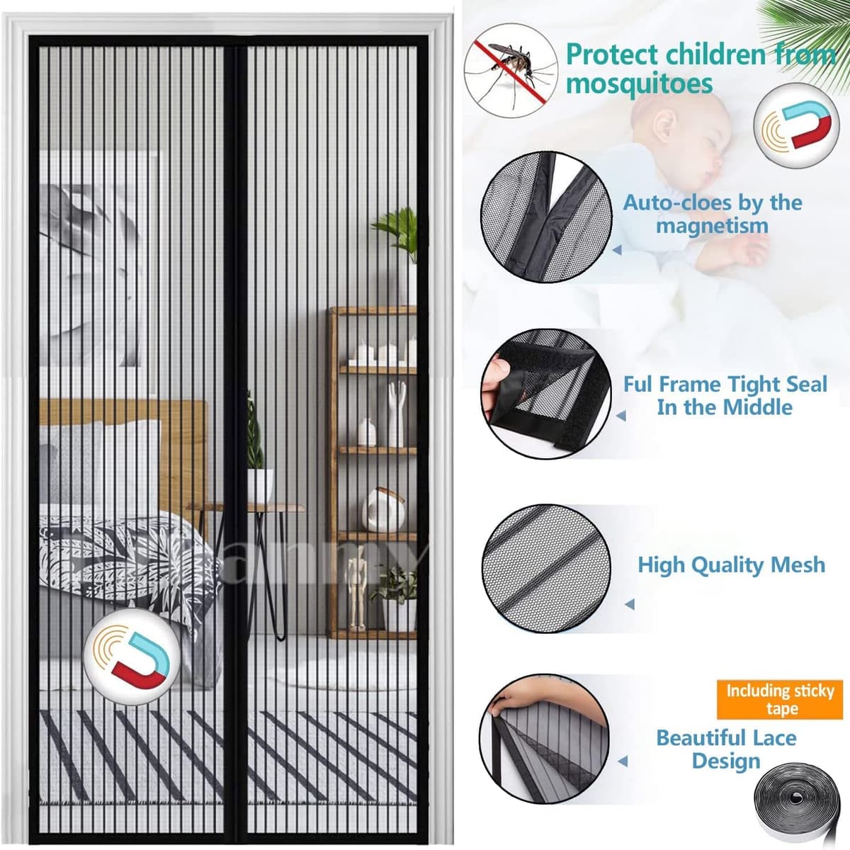 Mosquitera Puerta Magnetica, Adsorción Magnética Plegable Anti Mosquito Insecto Mosquitera, para Puertas de Salón Balcón Corredor.-Black A|| 70x205cm(27x80inch) — view 3
