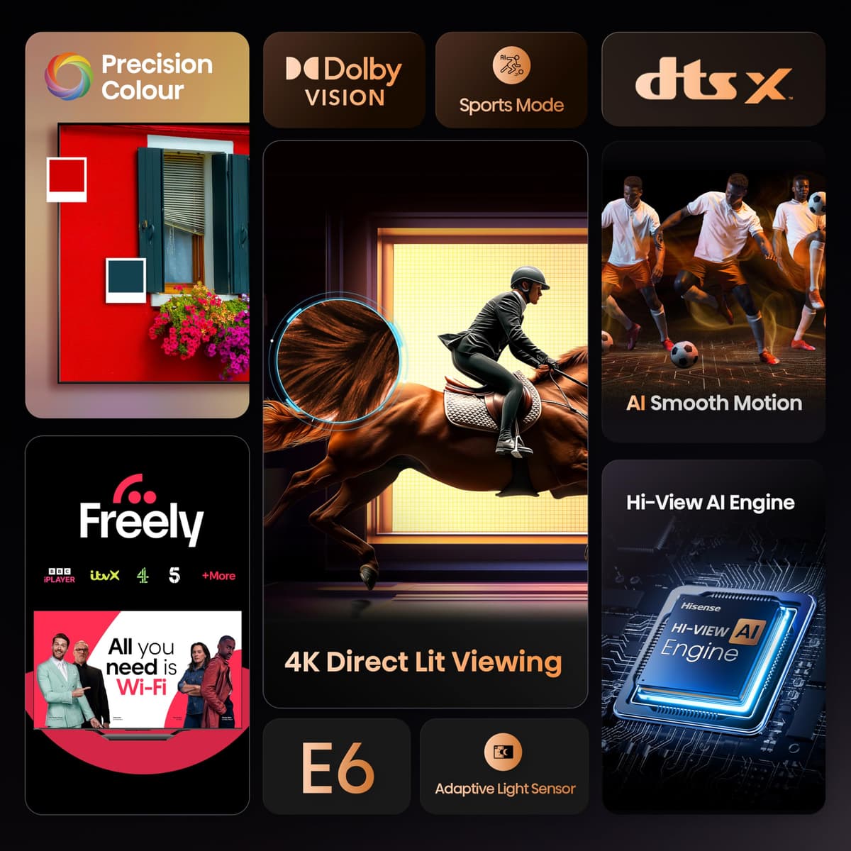 Hisense 55" 55E6QTUK 4K Ultra HD Smart TV AI TV - 4K UHD, Hi-View AI Engine, Precision Colour, AI Smooth Motion, Sports Mode with Freely, Disney +, YouTube, Netflix — view 5