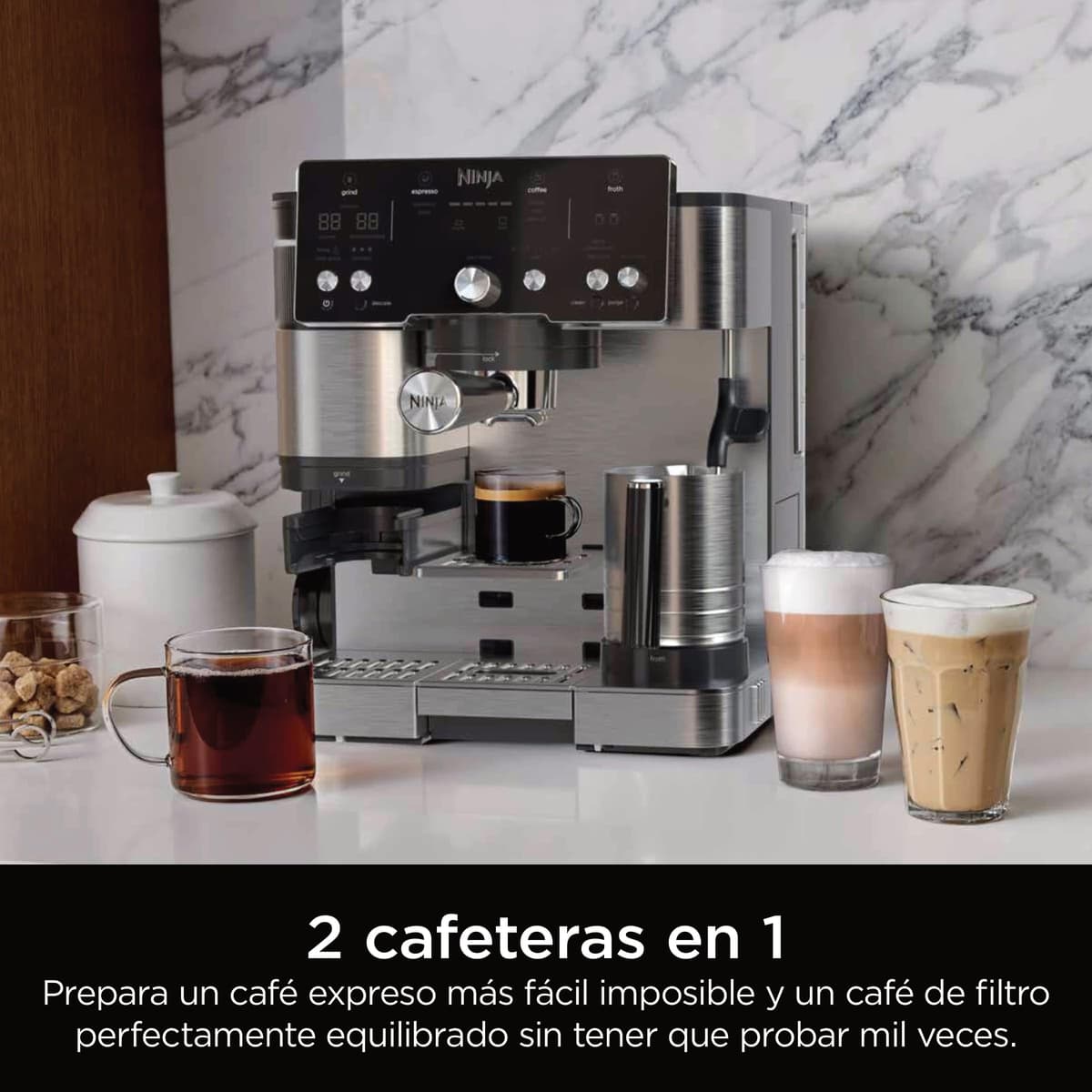 Ninja Luxe Essential Cafetera 2 en 1 para latte, cappuccino y espresso con molinillo y espumador de leche integrados, fácil de usar y 2 preajustes automáticos de espuma, plata, ES501EU — view 2