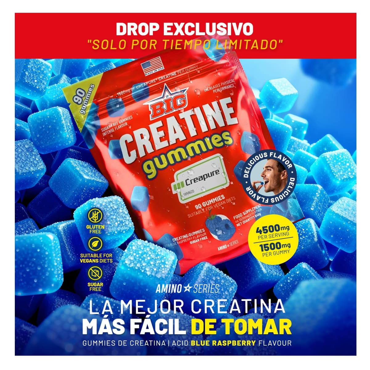 BIG - Gominolas de Creatina Monohidrato Creapure Sabor a Frambuesa Acida, 90 Gummies para Entrenamiento de Fuerza y Masa Muscular, Textura Suave, Megadosis 4.5g por toma (45 tomas) — view 2