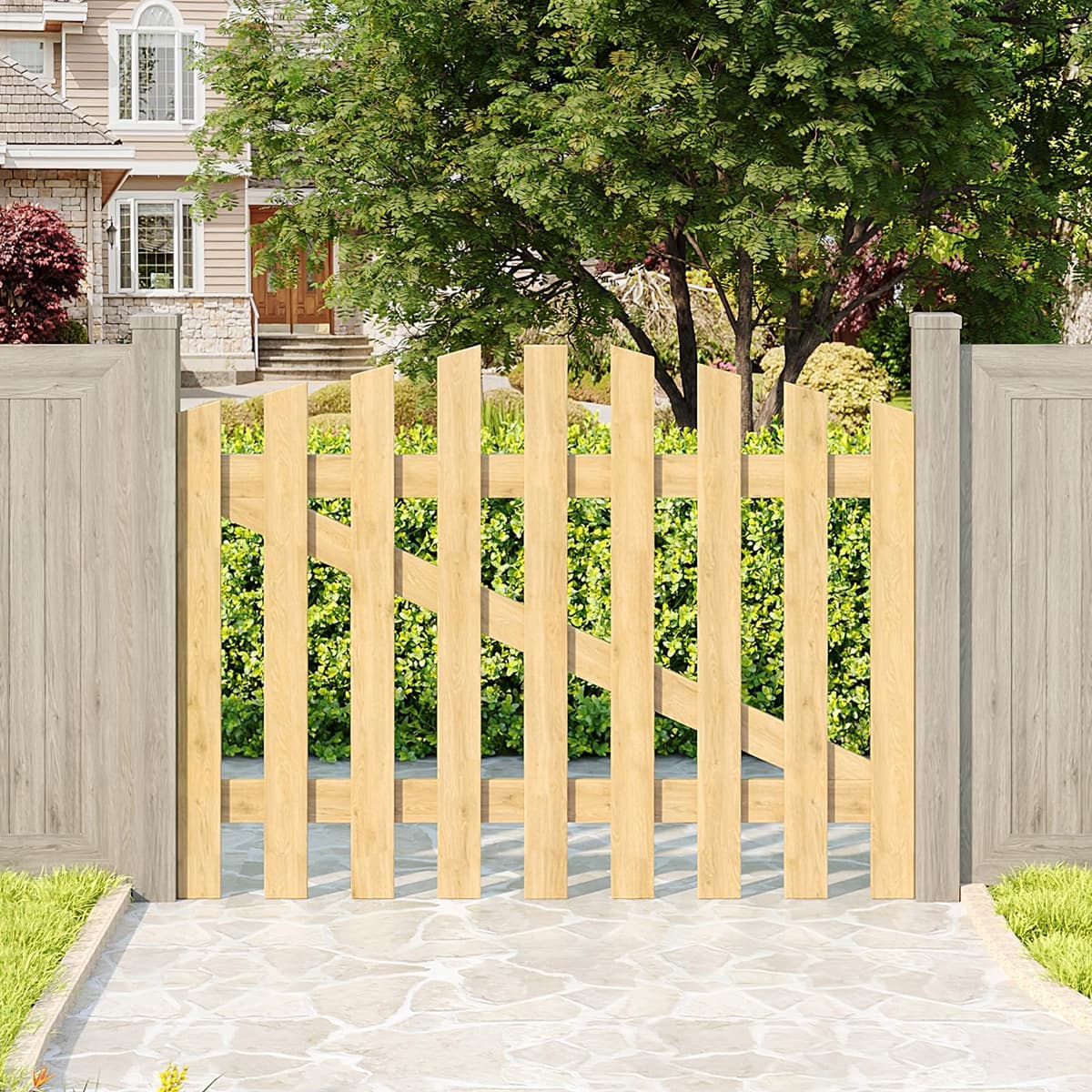 INMOZATA Garden Gate Wooden Pedestrian Gate with Gate Lock and Hinge, 3ft Wide x 3ft High (90cm Wide*90cm High) — view 3
