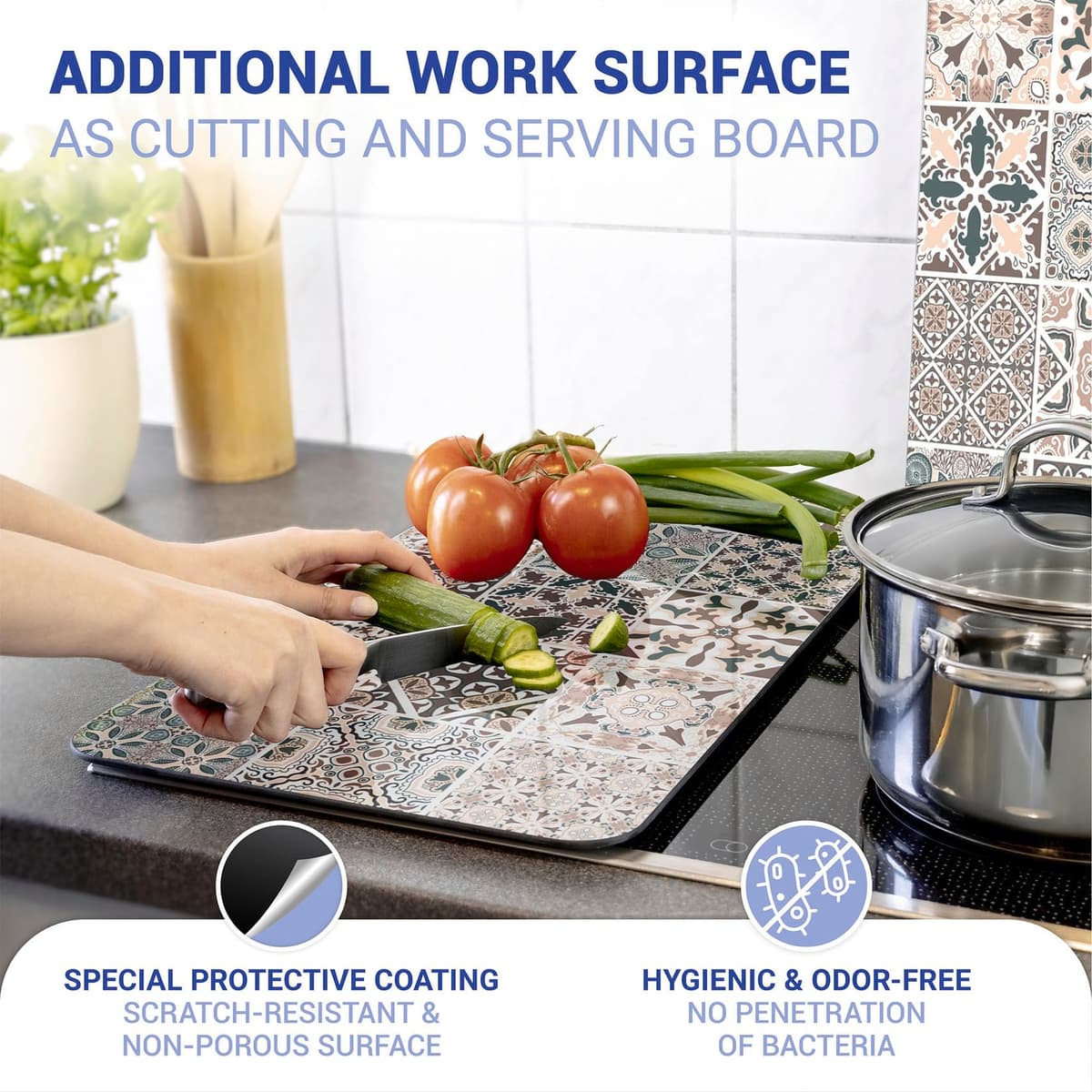 WENKO Placas protectoras para cocina Mod Azulejo, ajustable en altura para todo tipo de cocinas, tabla de cortar y protector contra salpicaduras, vidrio, 30 x 52 cm, juego de 2 — view 4