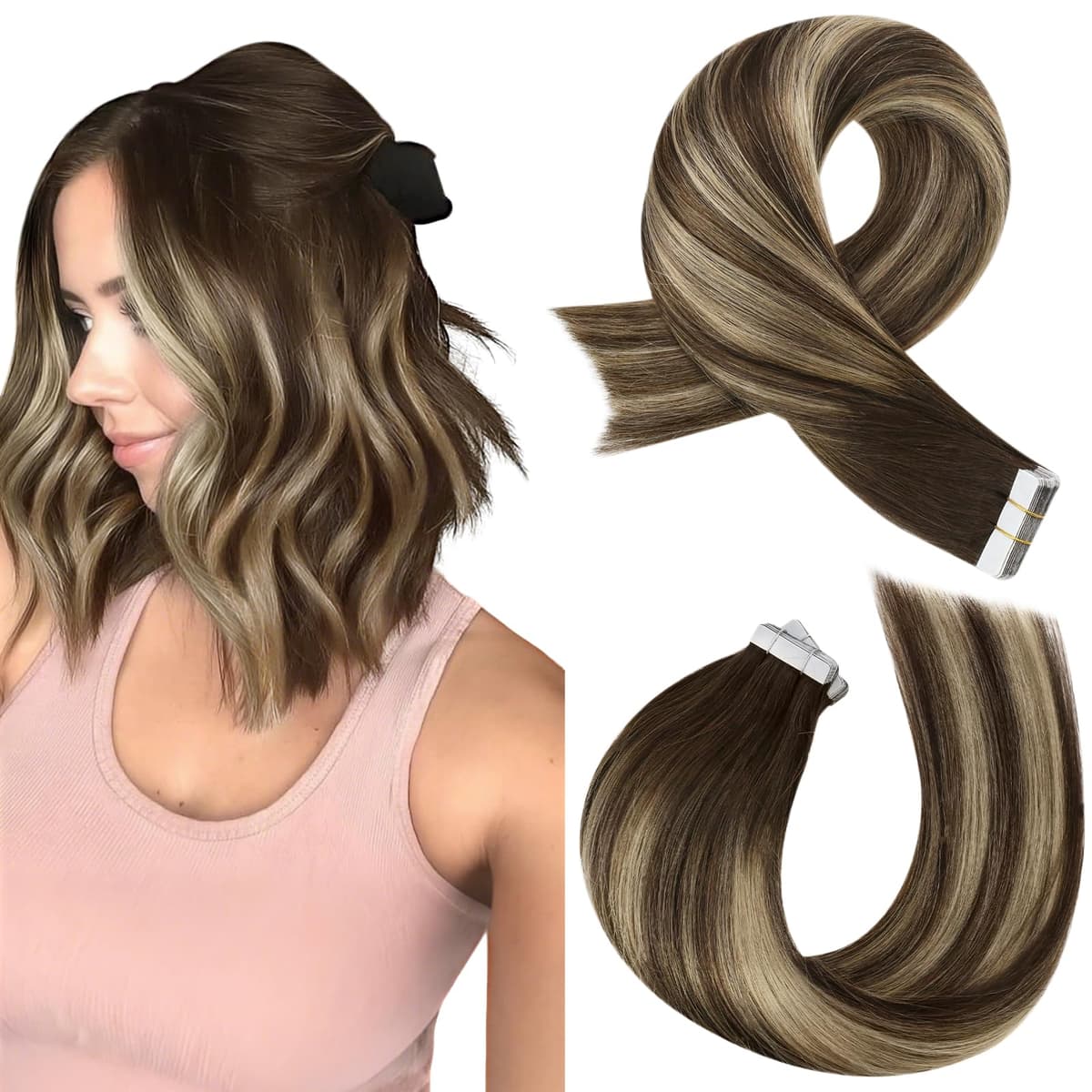 Moresoo Tape in Hair Extensions Human Hair Ash Blonde with Bleach Blonde Tape Hair Extensions Blonde Real Human Hair Extensions Tape-ins 12 Inch 20 Pieces/30g #P18/613 — view 100