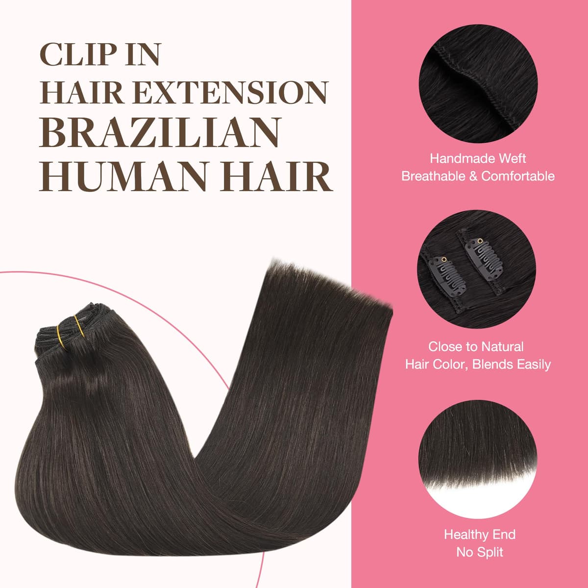 GOO GOO Clip in Hair Extensions Human Hair, 18inch 150g 9Pcs, #2 Dark Brown, Hair extensions for women, Human Hair Extensions Clip in — view 61