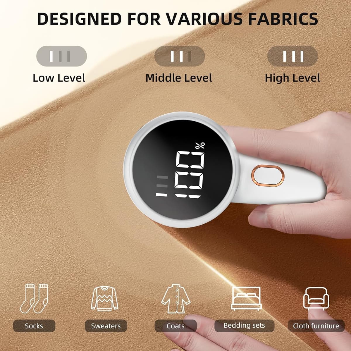 Fabric Shaver, Electric Lint Remover, Rechargeable Lint Shaver, Sweater Defuzzer to Remove Pilling, Battery Operated, 6-blade, 3-speed with LED Display for Clothes, Upholstery, Furniture — view 5