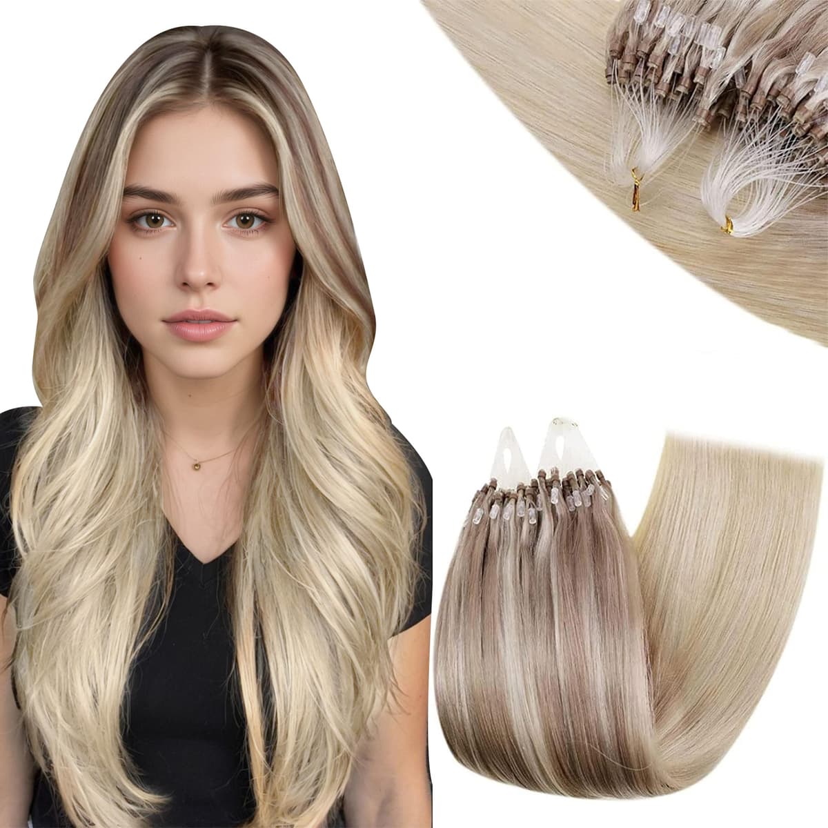RUNATURE 18 Inch Nano Beads Hair Extensions Real Human Hair Ice Blonde Nano Hair Extensions Real Human Hair White Blonde Invisible Nano Rings Straight Remy Hair 50g 50s #800 — view 49