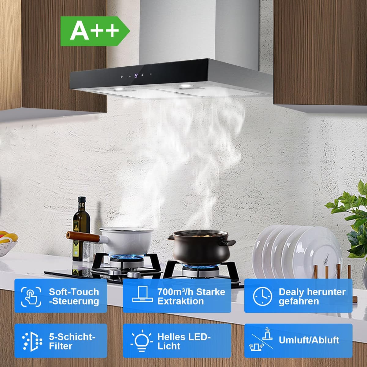 Campana Extractora 60 cm, TopStrong Clase A++ Campana Cocina Decorativa 60 cm Blanco con Filtro Carbono, Evacuación al Exterior & Recirculación Interna, Bajo Consumo, 350m³/h, 3 Niveles, LED — view 2