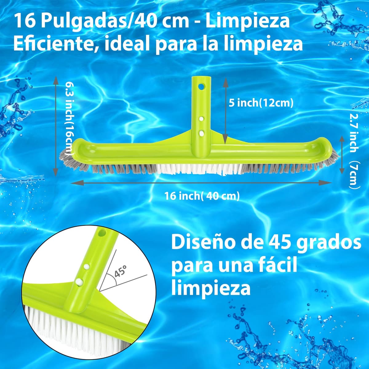 Cepillo Piscina 40 cm (16"), Cepillo para Paredes de Piscina con Cabezal en Ángulo de 45°, 7 Filas de Cerdas de Nylon, Cepillo de Limpieza para Piscina con Sistema EZ-Clip para(Palo no Incluido) — view 4