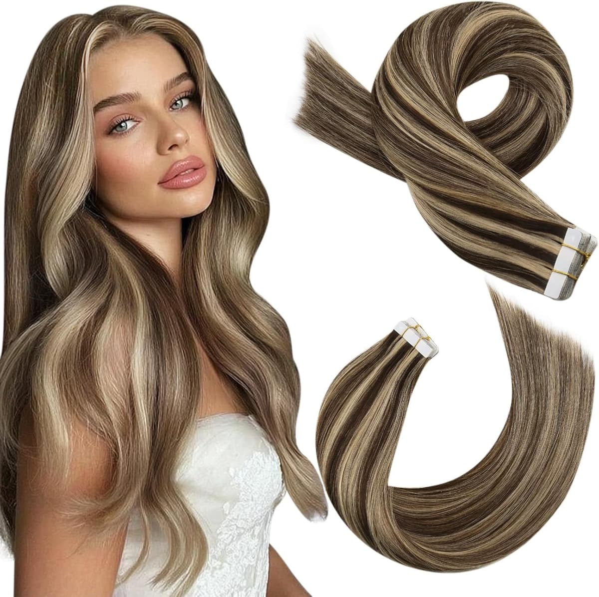 Moresoo Tape in Human Hair Extensions 20 Inch Highlight 50g/20pcs Tape in Hair Extensions Human Hair Ash Blonde with Platinum Blonde #P18/613 — view 85