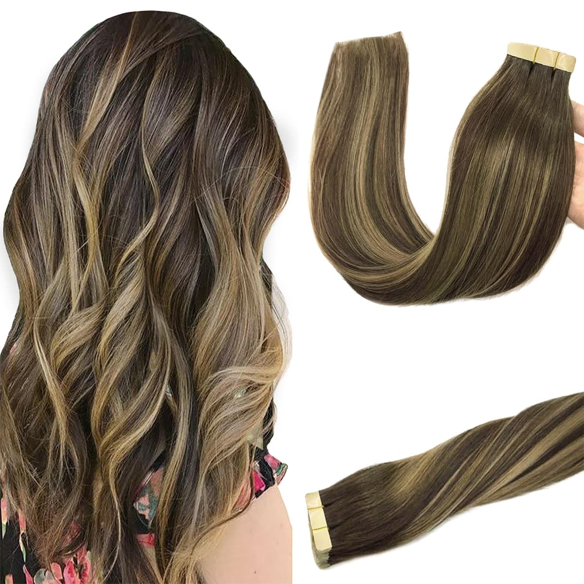 GOO GOO Tape in Hair Extensions Human Hair, 20pcs 50g 18inch, Balayage Chocolate Brown to Strawberry Blonde Real Remy Hair Extensions Seamless Straight Human Hair Extensions
