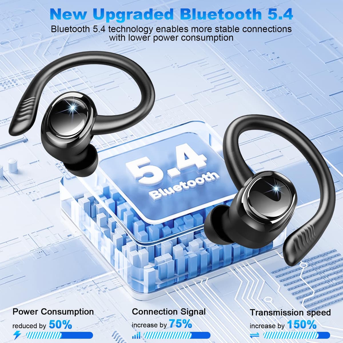 Wireless Earbuds Sport, 2026 Bluetooth 5.4 Headphones, Deep Bass Hi-Fi Stereo Ear Bud, ENC Noise Cancelling Earphones with Earhooks, 50+Hrs USB-C IP-X7 Waterproof Running Gym Workout for Android iOS — view 2