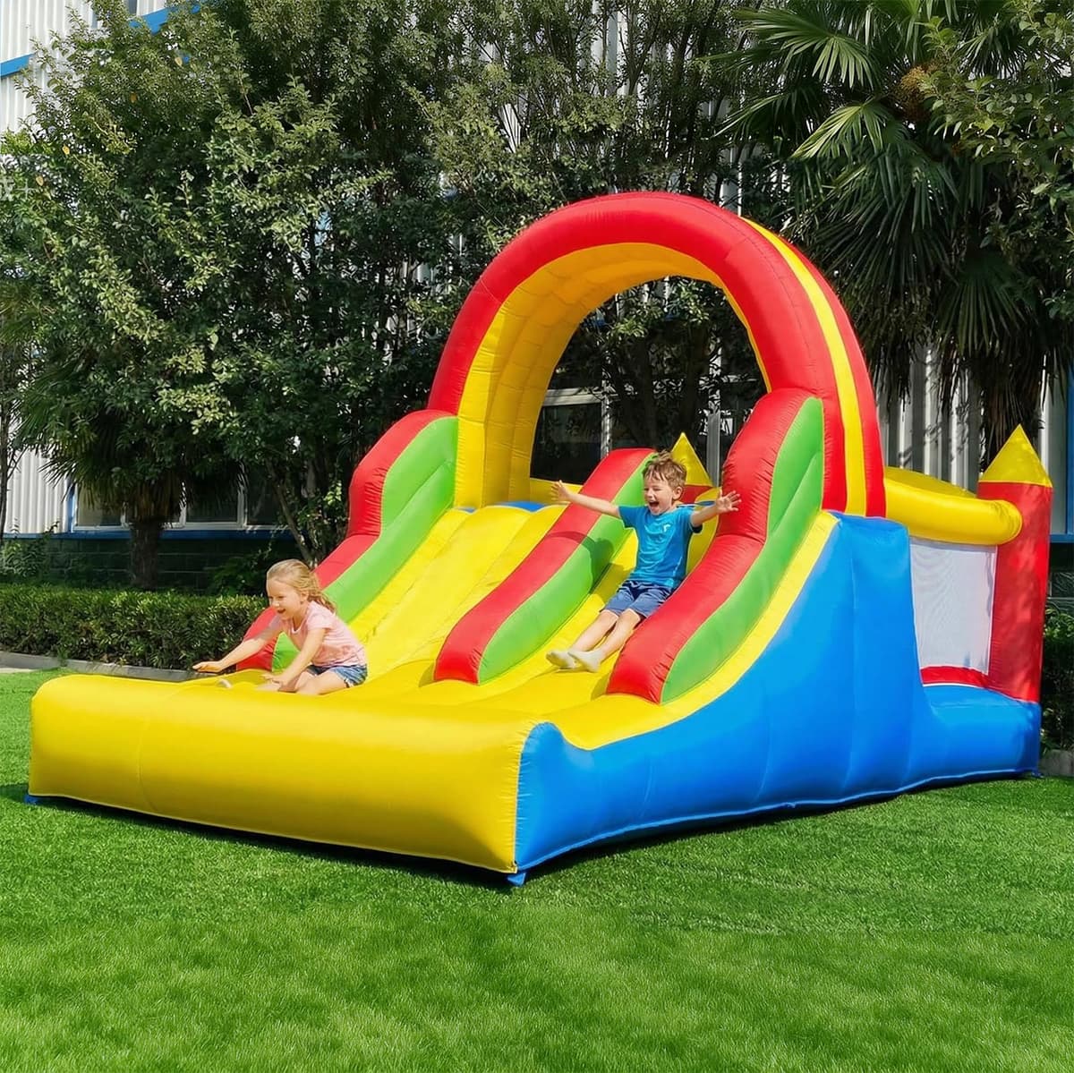 HuaKastro 16x7.2FT Inflatable Bounce House with 2 Racing Slides & Large Climbing Wall, 3 in 1 Kids Inflatable Trampoline Rainbow Jumping Castle Kids Backyard Playgrounds - with Air Blower — view 2