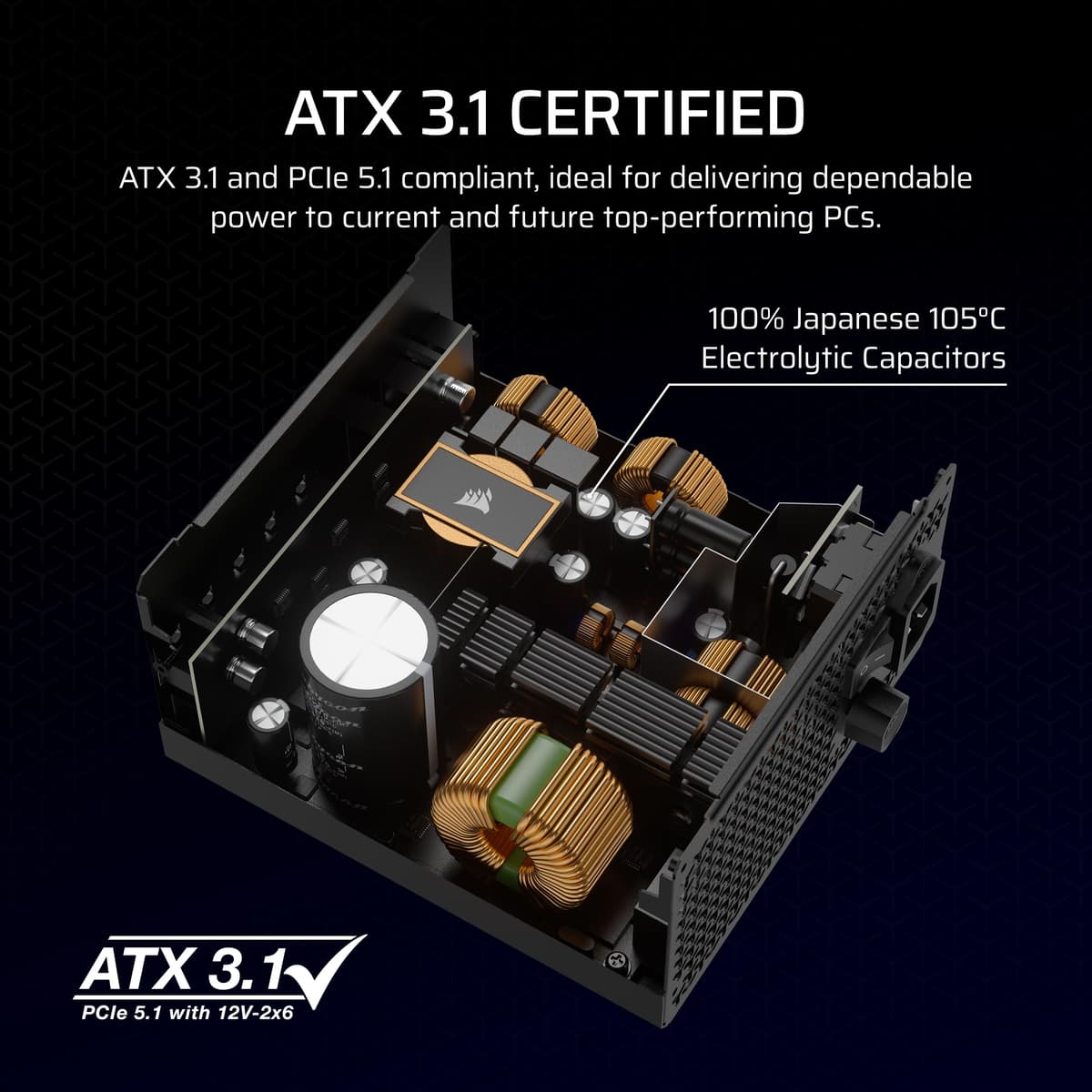CORSAIR RM750x Fully Modular Low-Noise ATX Power Supply – ATX 3.1 Compliant – PCIe 5.1 Support – Cybenetics Gold Efficiency – Native 12V-2x6 Connector – Black — view 4