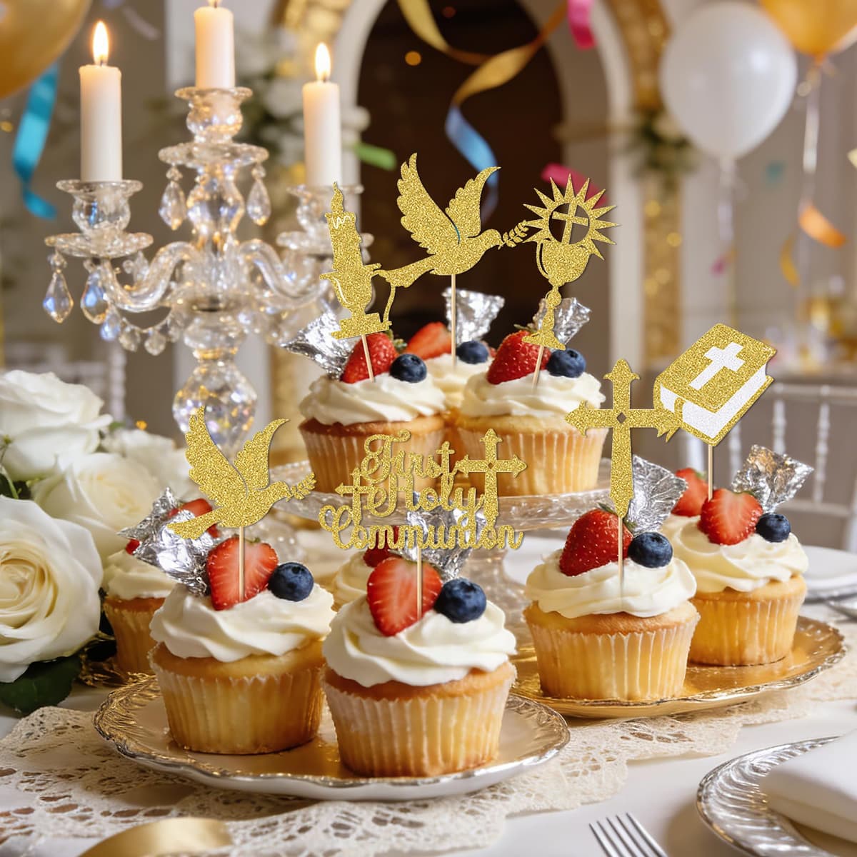 12 Pcs First Holy Communion Cake Glitter Topper, Christian Christening Cake Topper, Holy Communion Decorations, Gold God Bless Dove Cross Cakes Topper for Baby Shower Christian Party Decoration Suppli — view 5