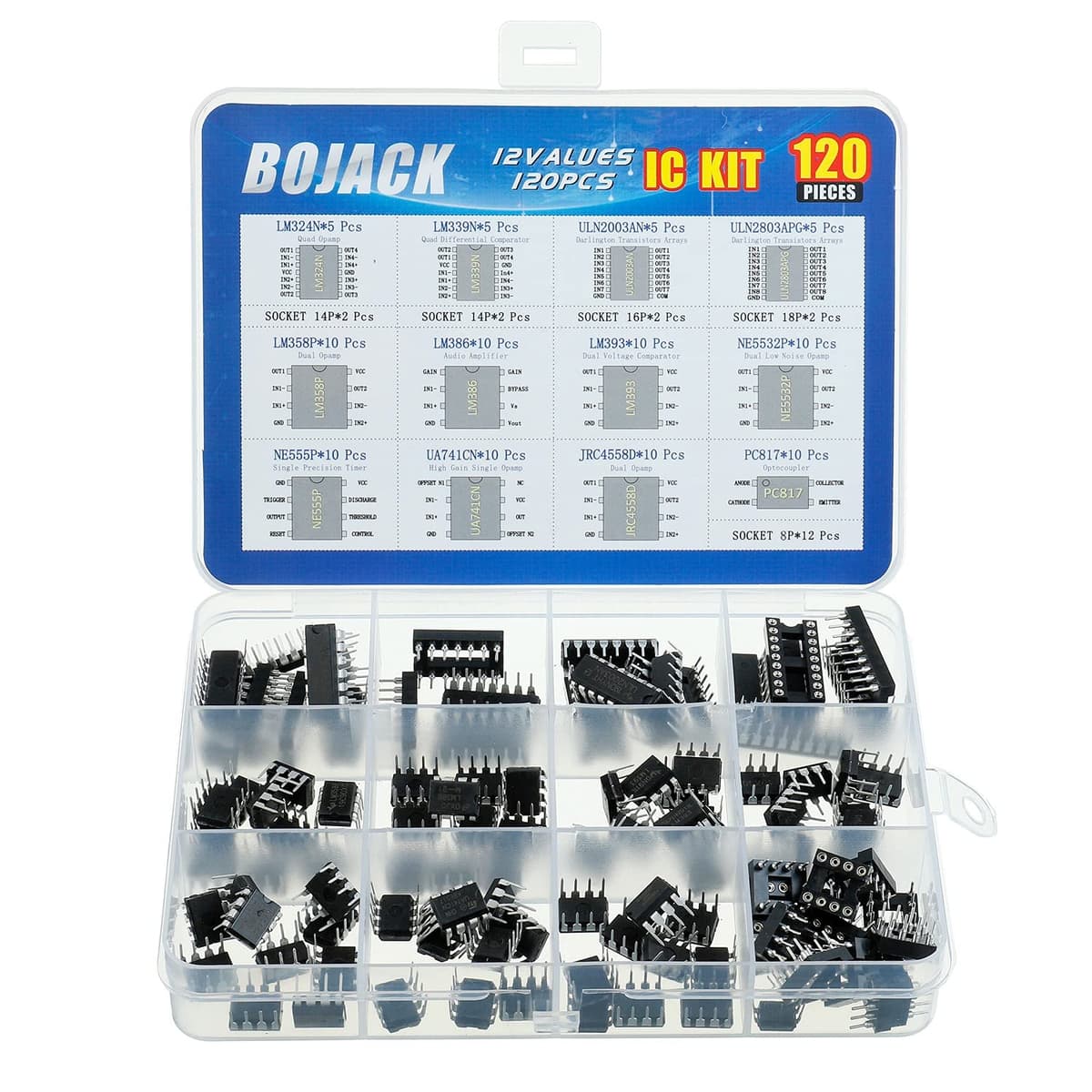 BOJACK 12 Values 120 Pcs IC Opamp Timer Darlington Phototcoupler oscillator pwm LM324 LM339 ULN2003AN ULN2803APG LM358P LM386 LM393 NE5532P NE555P UA741CN JRC4558D PC817 Assortment Kit