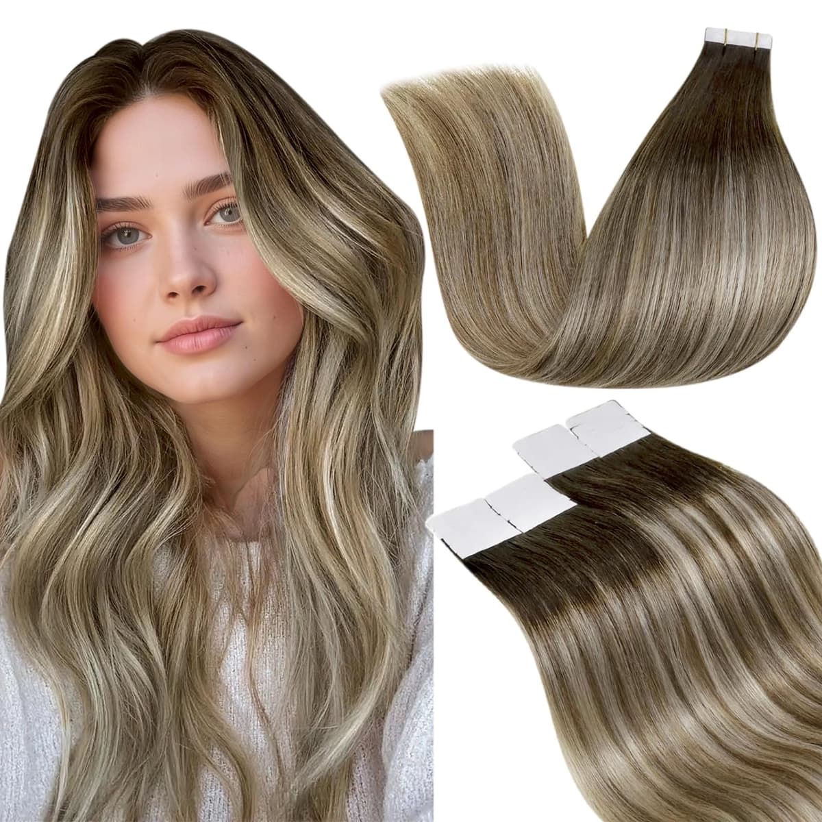 LaaVoo Tape in Hair Extensions Human Hair Blonde Tape Hair Extensions Real Human Hair Invisible Tapes Remy Straight Balayage Brown to Blonde Hair Double Sided Tabs 20pcs 50g 16 Inch #8/18/60 — view 144